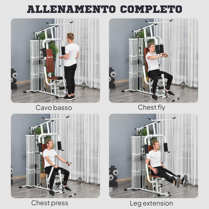 Stație de fitness multifuncțională HOMCOM cu 4 pernuțe din oțel și PU, albă