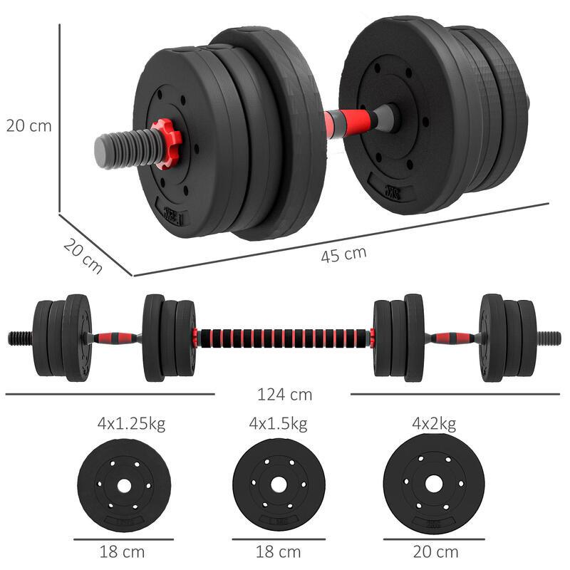 Set de 2 gantere HOMCOM, 12 discuri de greutate, 20 kg, conector negru