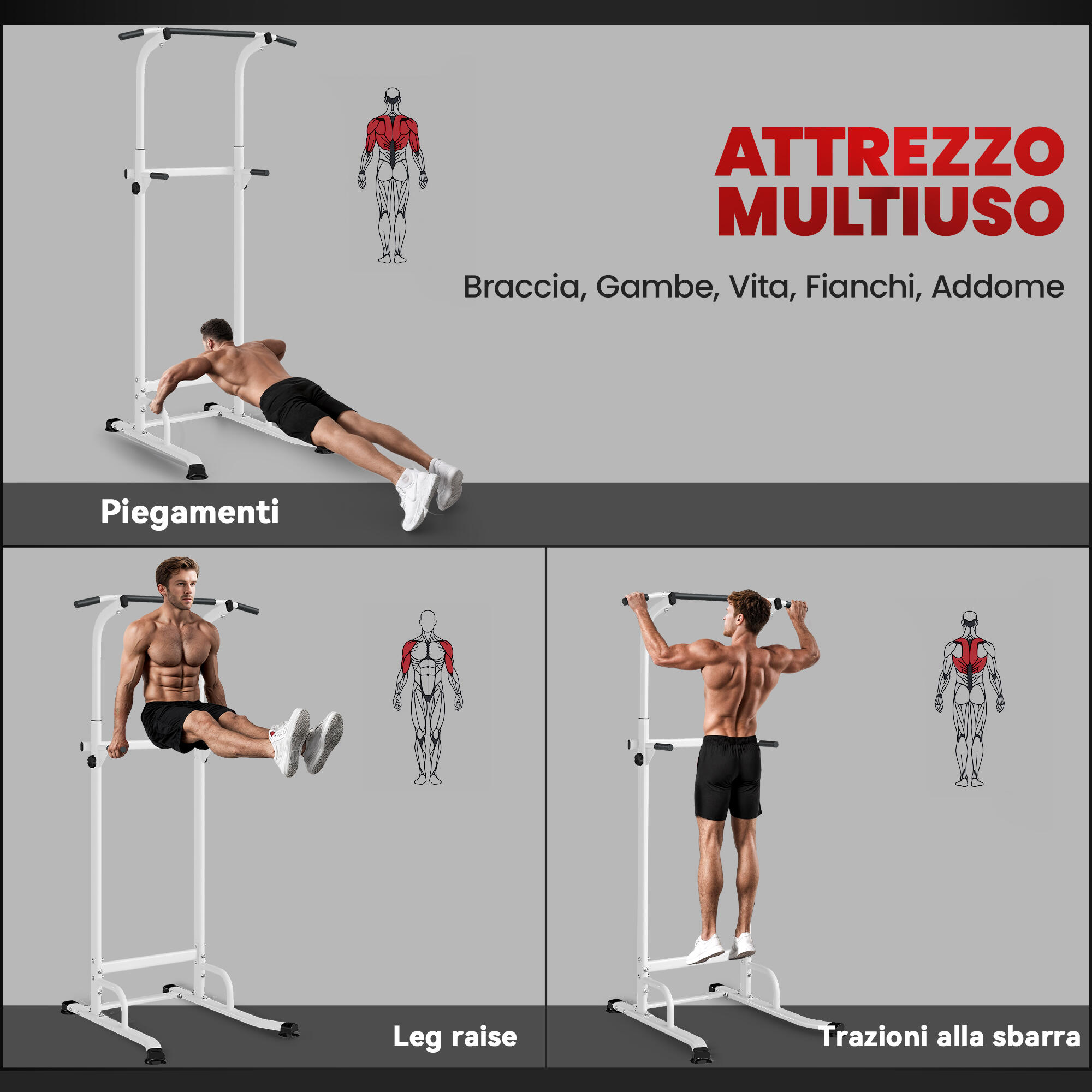 SPORTNOW Power Tower Multifunzione per Dip e Trazioni Altezza Regolabile 4/8