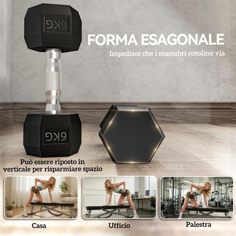 Set de 2 gantere hexagonale HOMCOM, 6 kg, cu mâner zimțat antiderapant, negre