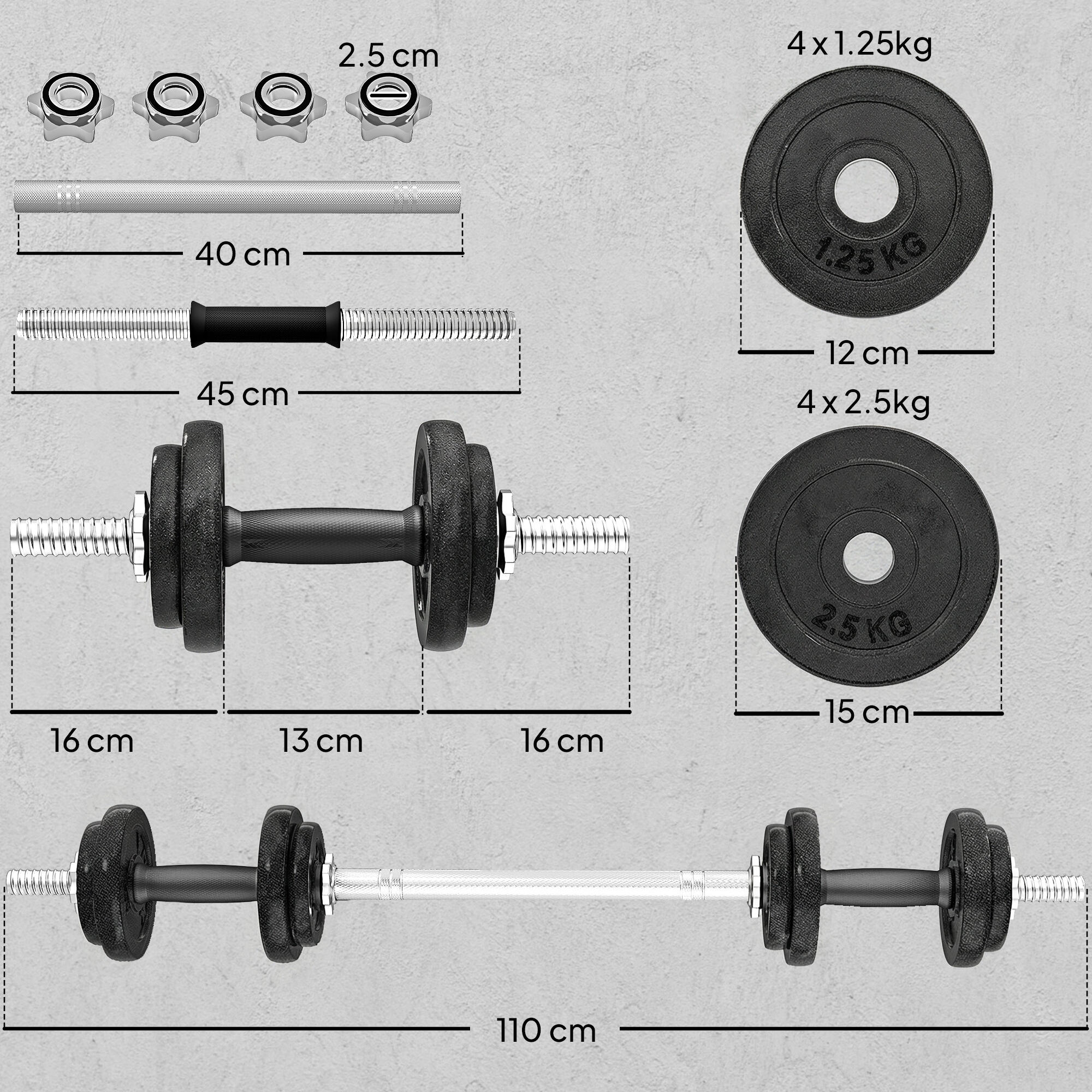 SPORTNOW Set Pesi e Bilanciere da 20kg Impugnature Antiscivolo 8 Dischi Pesi 3/7