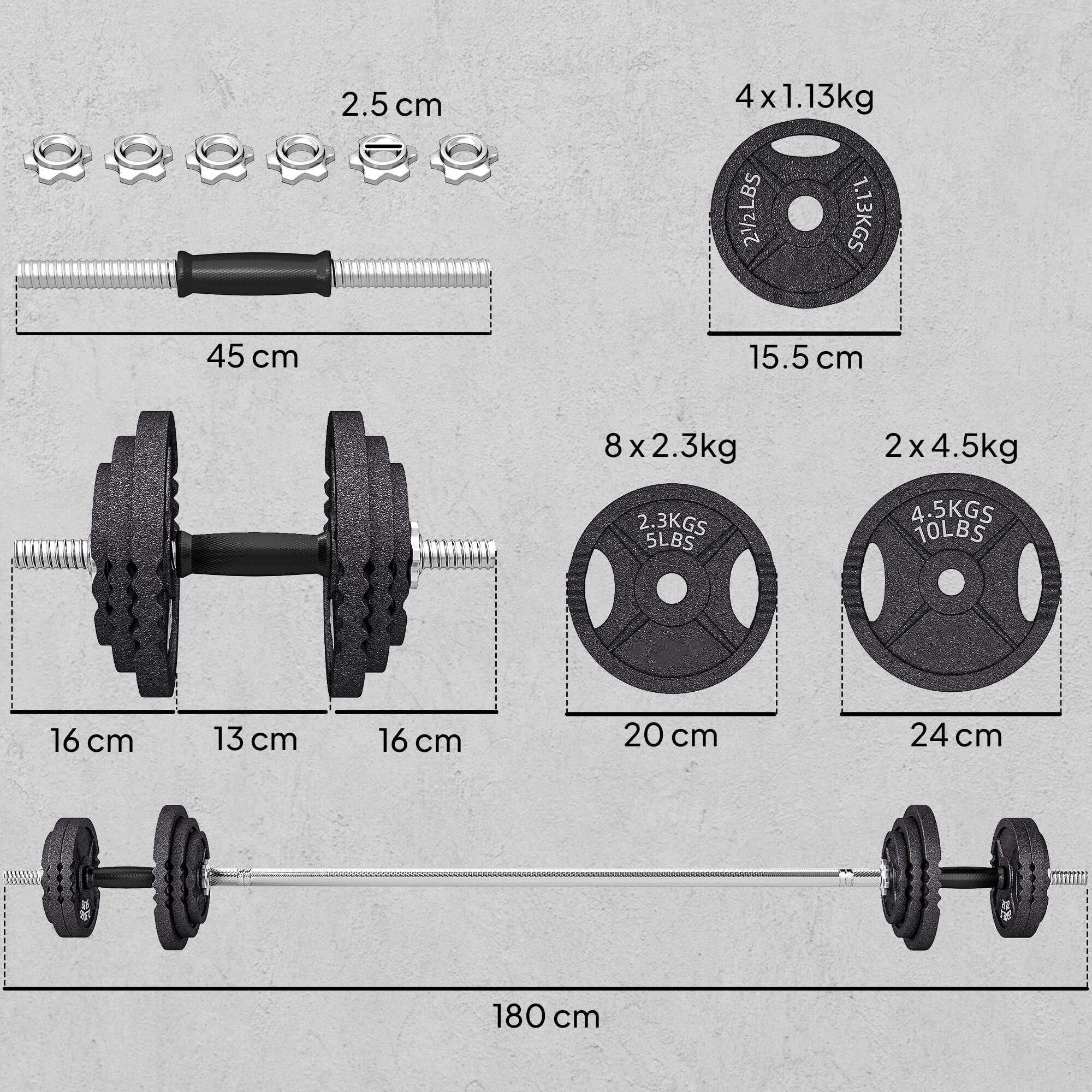 SPORTNOW Pesi per Palestra da 42 kg con 14 Dischi, Bilanciere e Manubri Nero 3/8