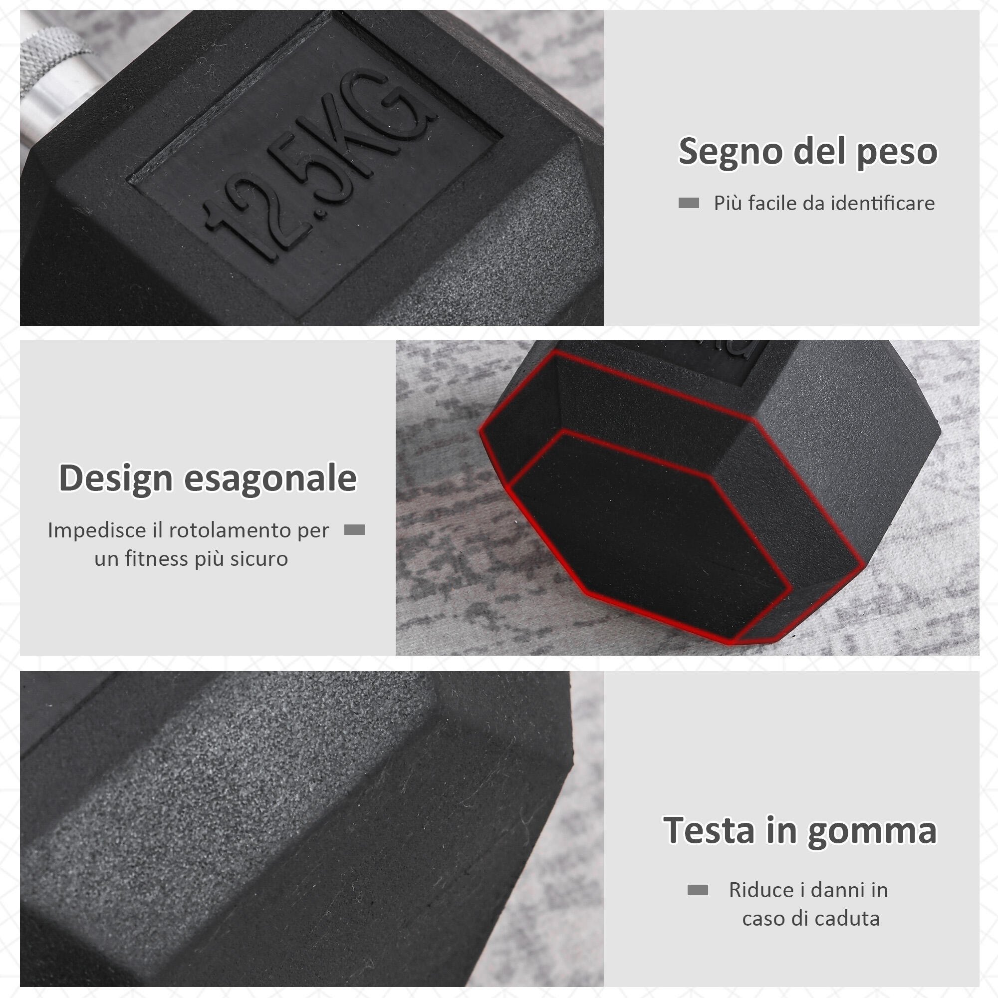 HOMCOM Manubrio da 12.5 kg Esagonale Singolo con Impugnatura Antiscivolo Nero 4/8