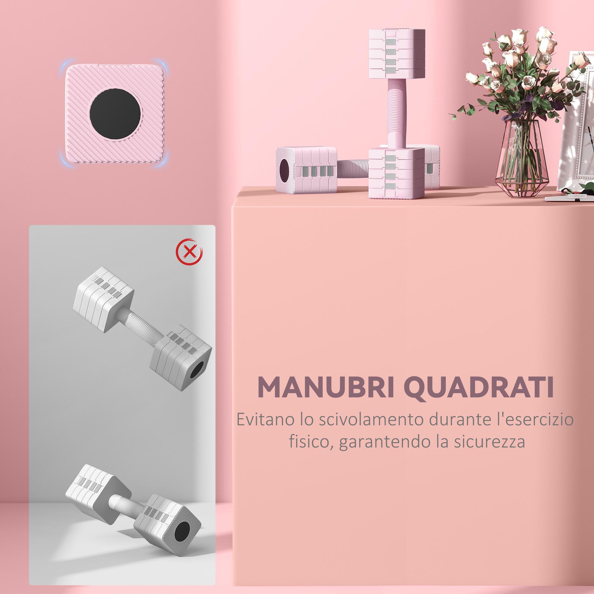 SPORTNOW Set 2 Manubri Pesi Quadrati da 5 kg con Impugnatura Antiscivolo Rosa 5/8
