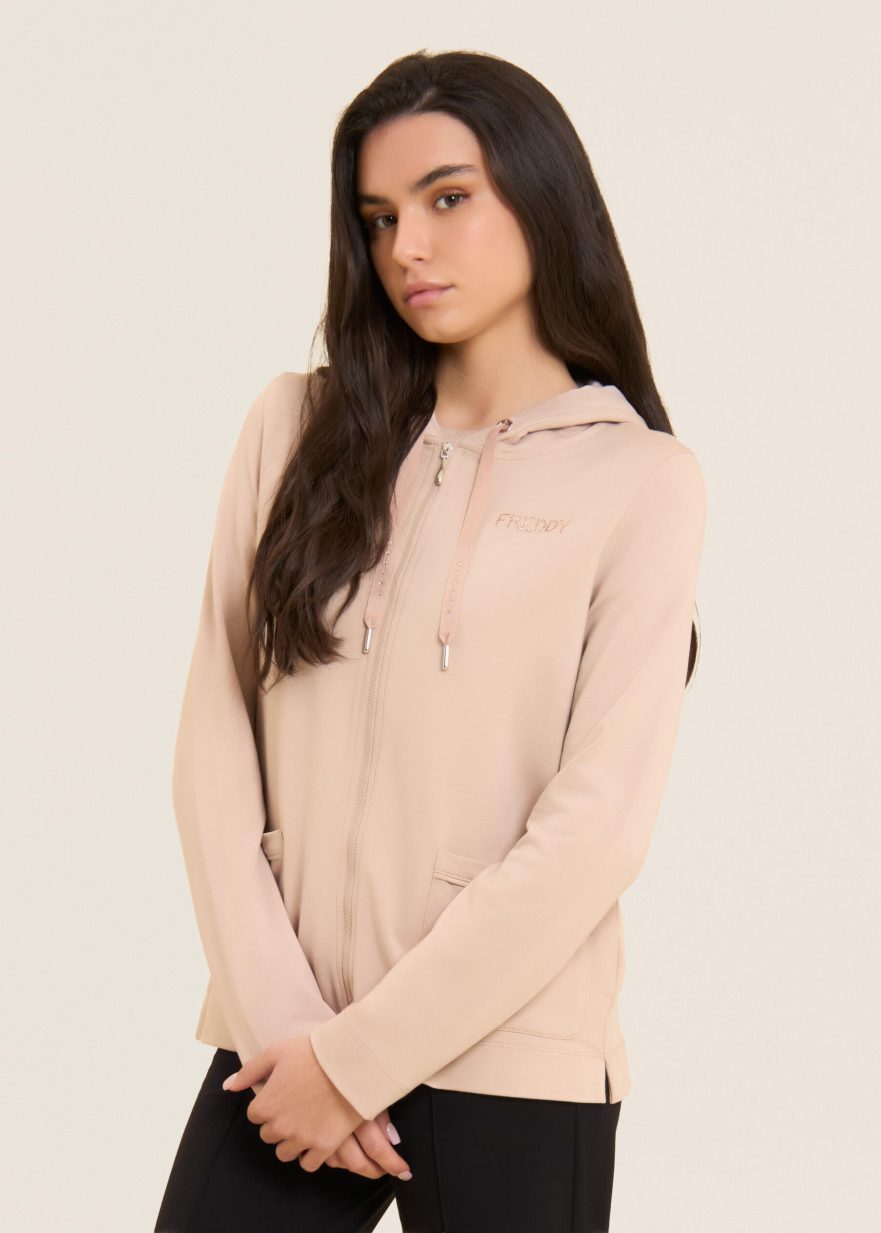 Felpa Cappuccio Zip con strass e inserto effetto seta 2/5