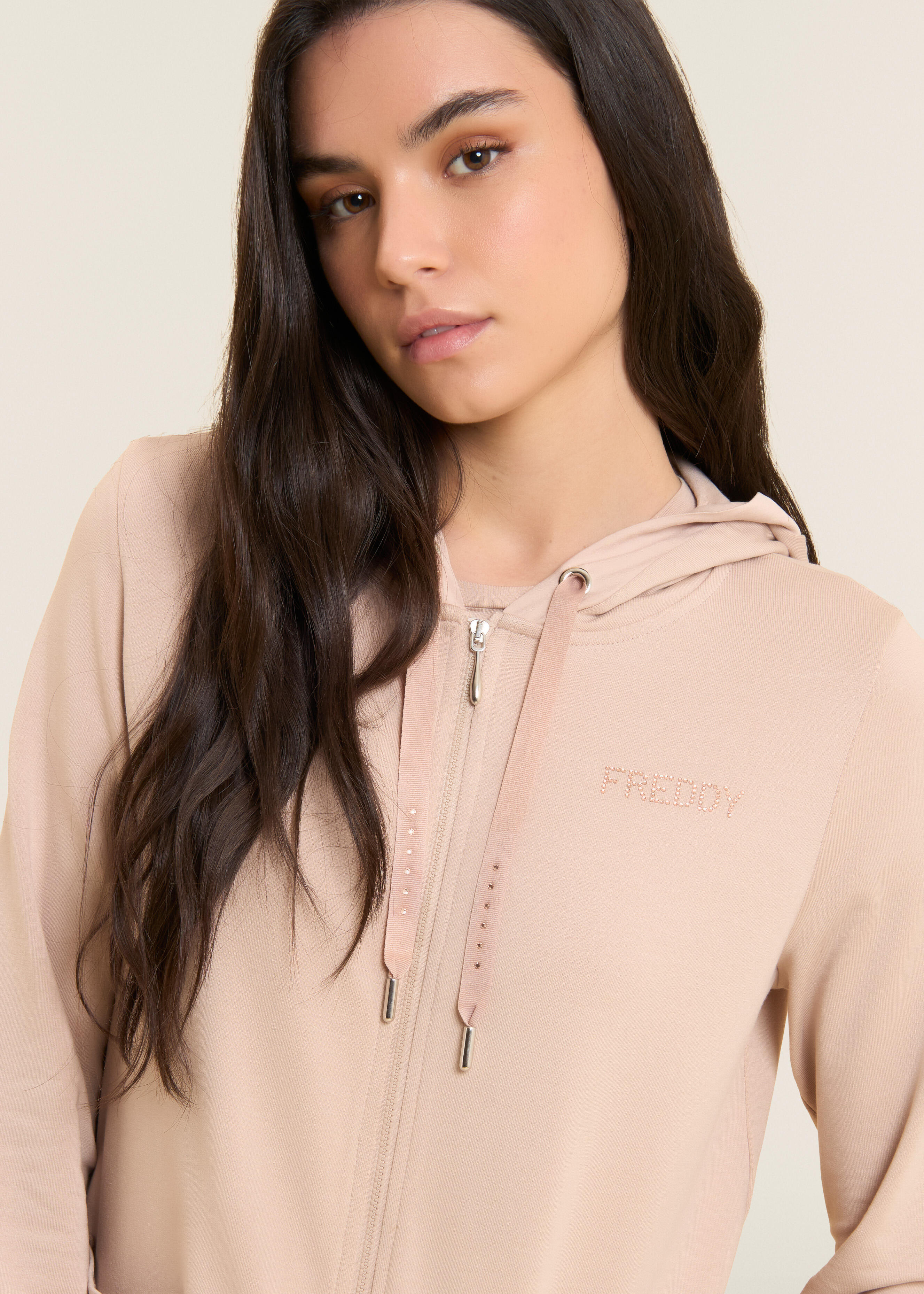 Felpa Cappuccio Zip con strass e inserto effetto seta 4/5