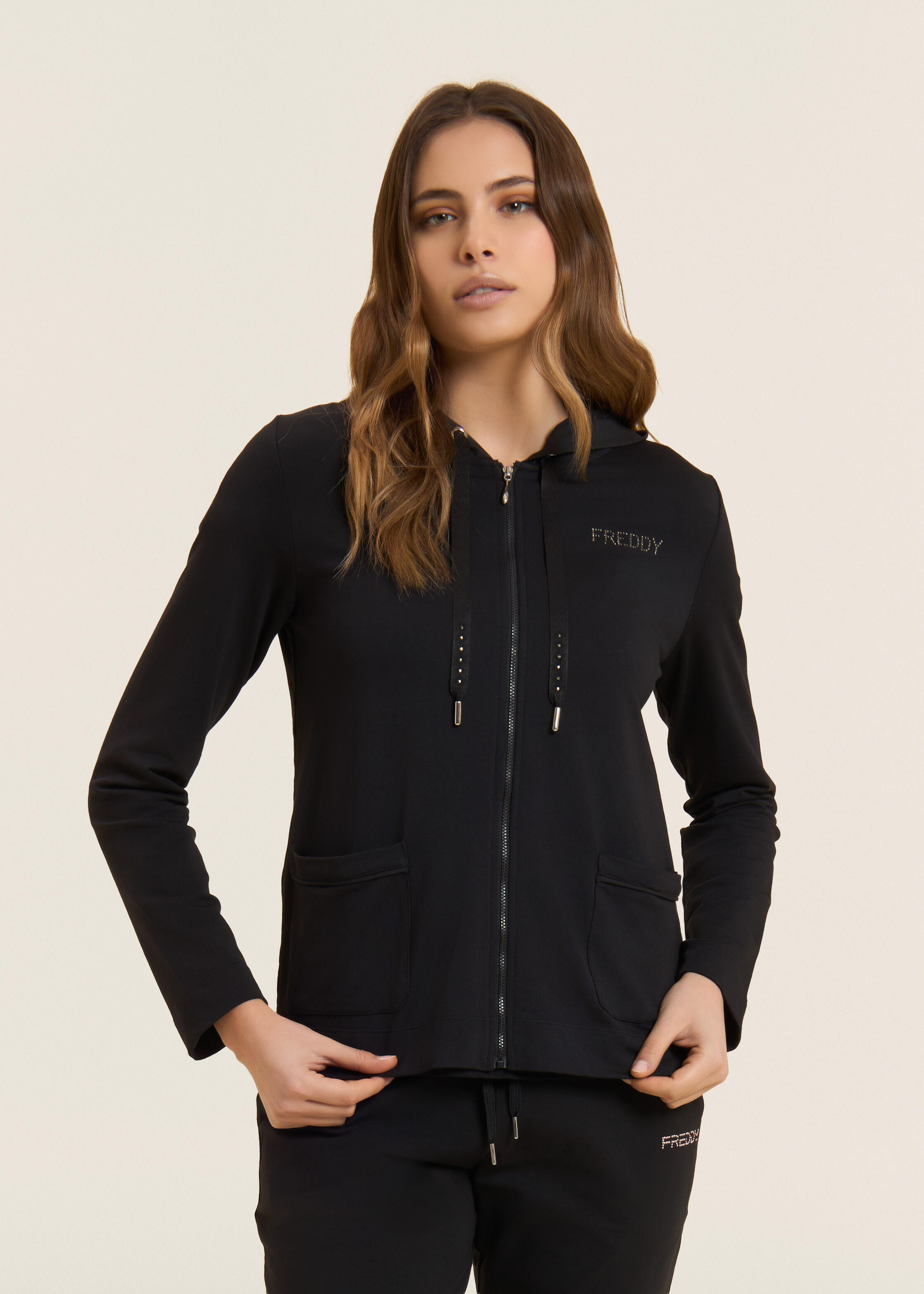 Felpa Cappuccio Zip con strass e inserto effetto seta 2/5