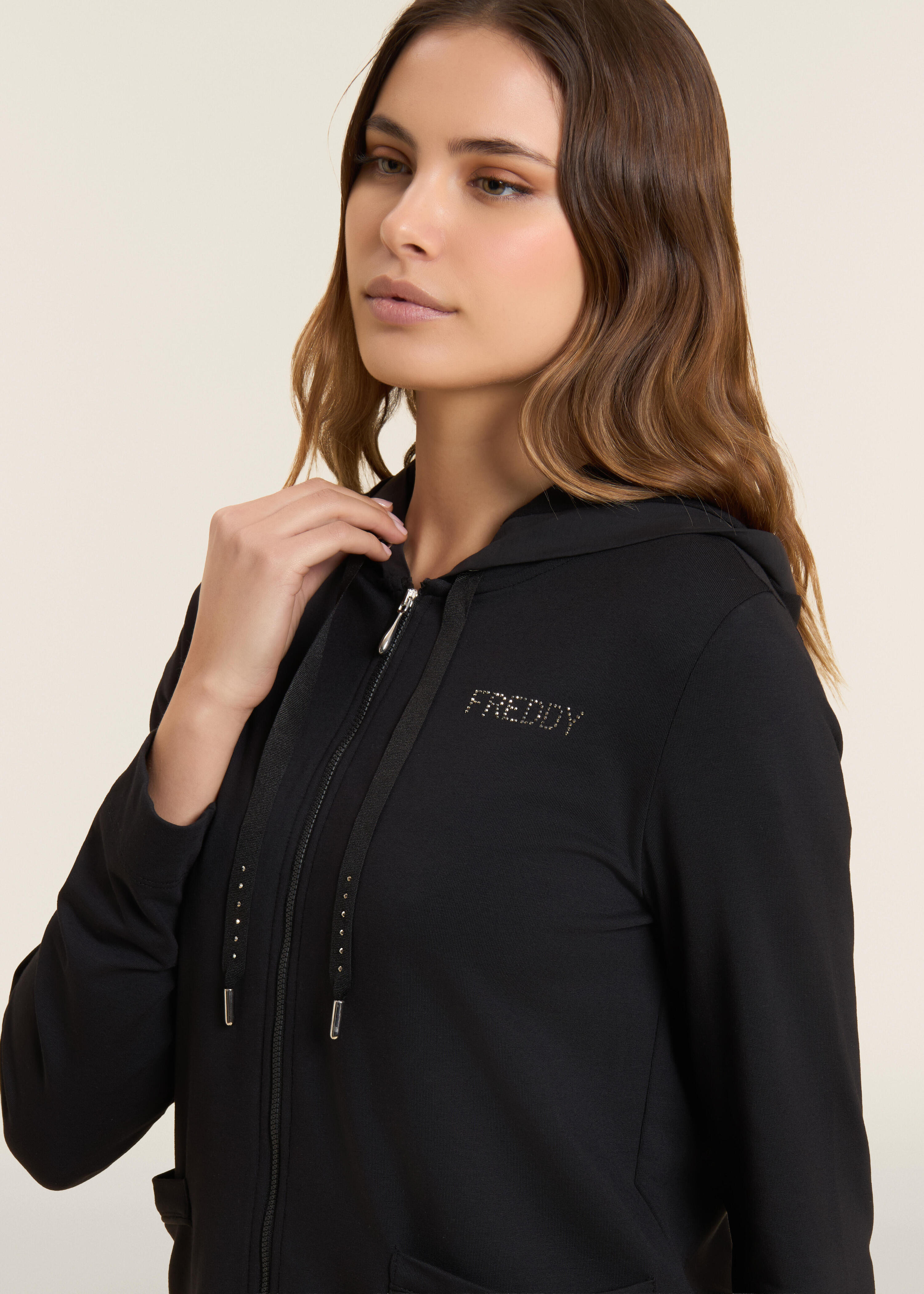 Felpa Cappuccio Zip con strass e inserto effetto seta 4/5