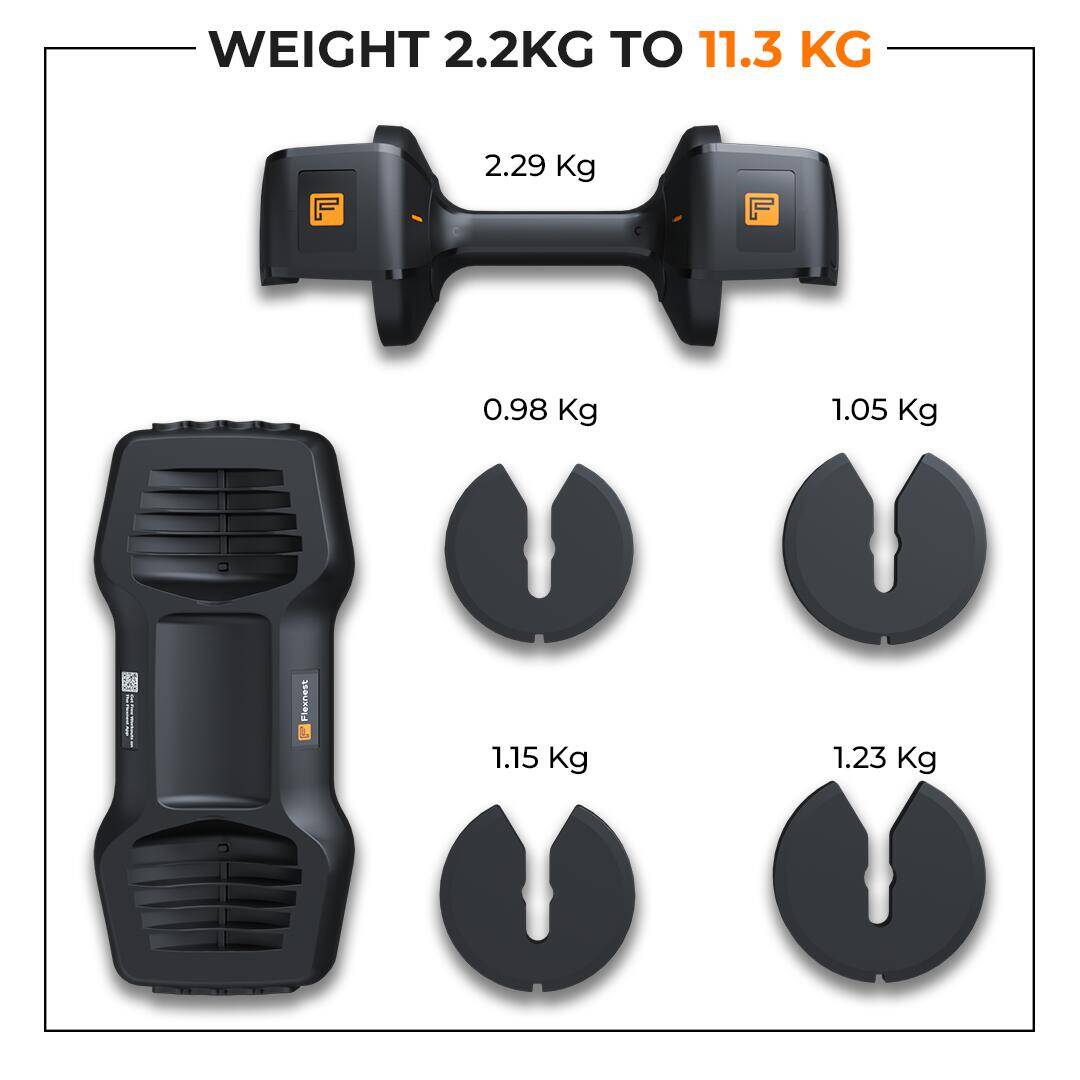 Flexnest Adjustable Dumbbells, Designed-in-Germany, Easy Weight Adjustment, For Home Workout, Gym Exercise Set For Men & Women (Black, 11kgs - Set of 1) -  3