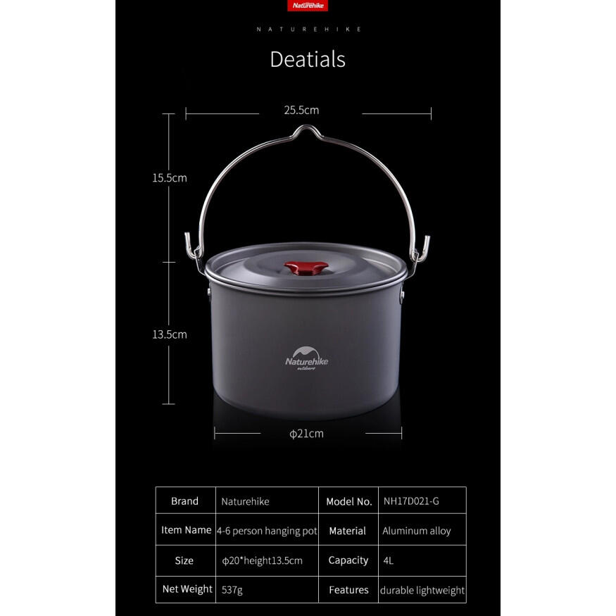 NATUREHIKE Kempingový hliníkový závěsný hrnec - 4 l, 4-6 osob