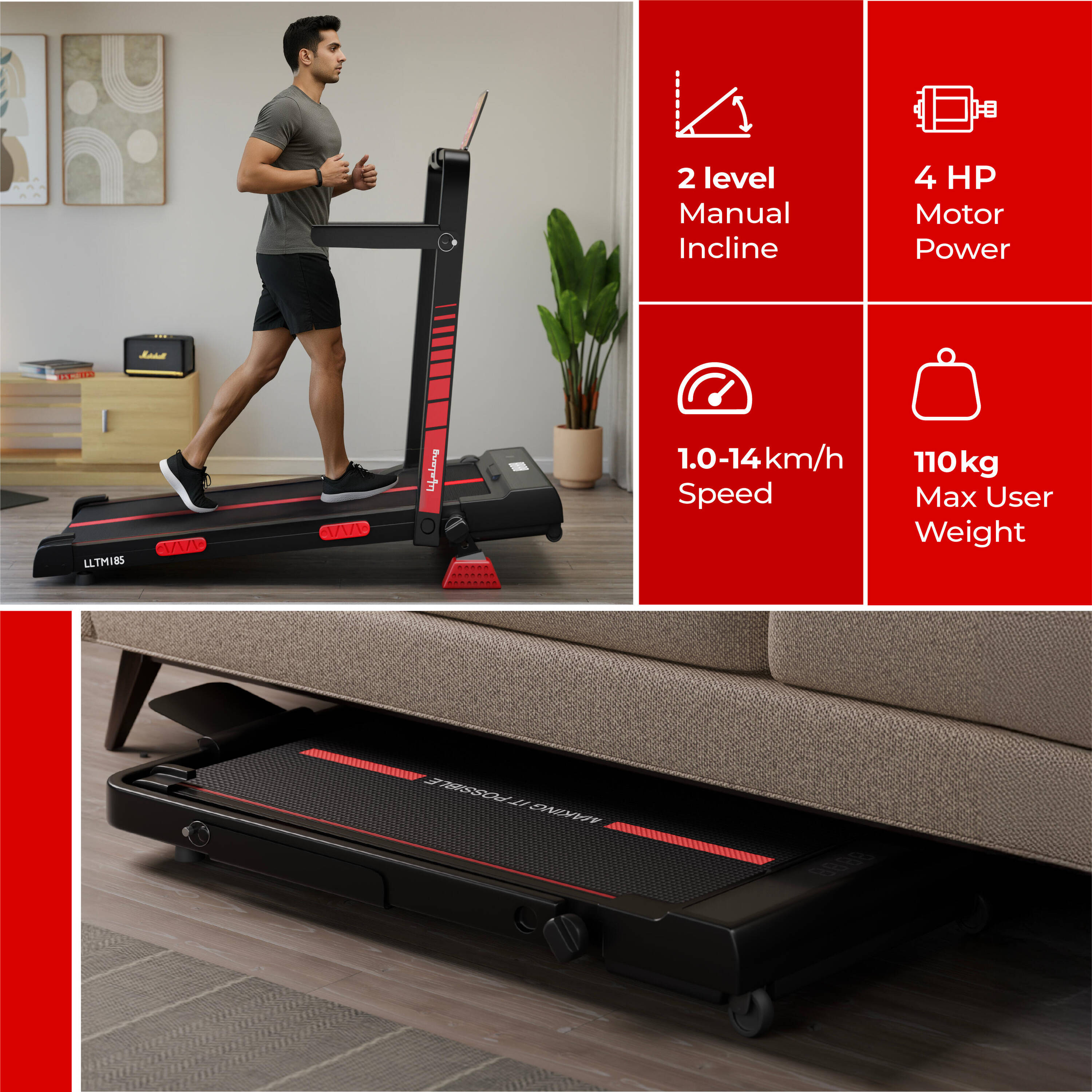 Lifelong Walking Pad Treadmill | 4 HP Motor | Foldable Handle | LED Display & Remote Control | 2-Level Manual Incline | Anti-Slip Belt | Compact Under Desk Running Machine for Home & Office -  2