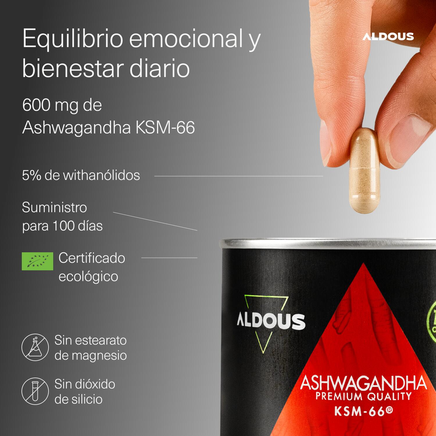 Extracto de Raíz de Ashwagandha KSM-66 ® Ecológico Aldous Bio | 100 Cápsulas 2/7