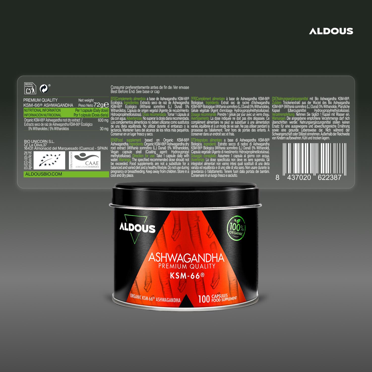 Extracto de Raíz de Ashwagandha KSM-66 ® Ecológico Aldous Bio | 100 Cápsulas 6/7