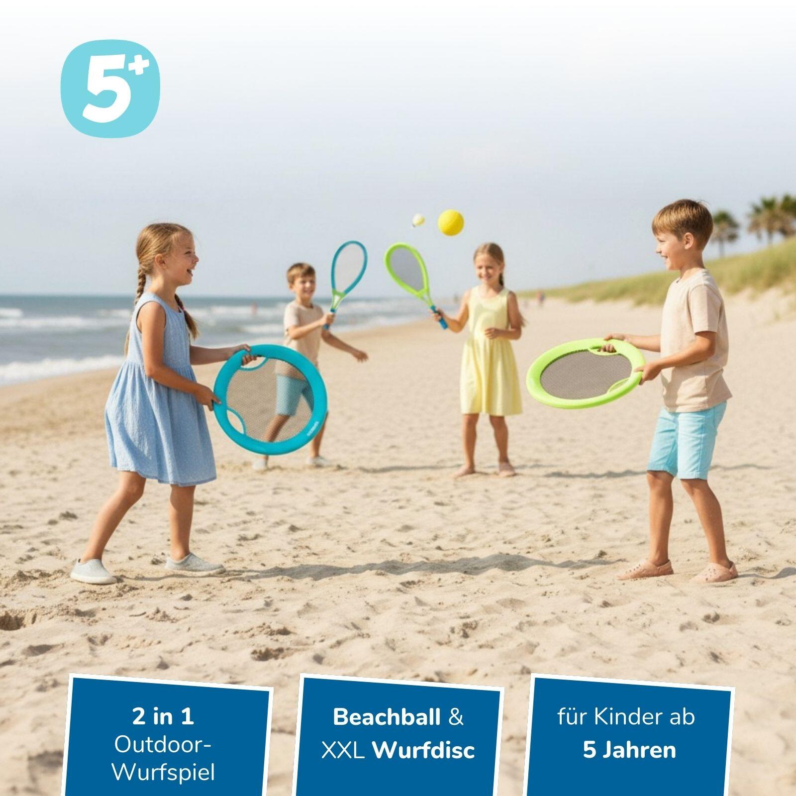 4 in 1 Outdoor-Set 8-teilig, Federball, Softtennis, Beachball & XXL Wurfscheibe 2/7