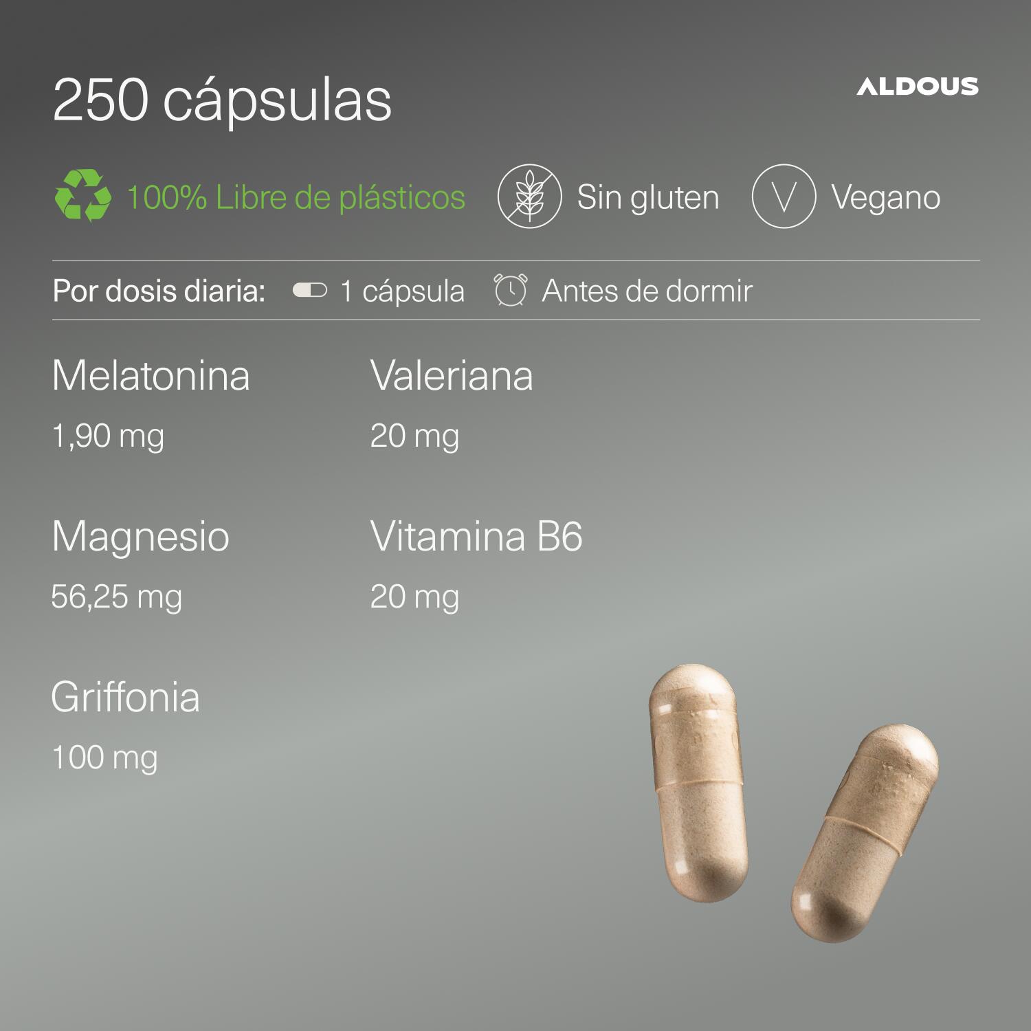 Melatonina con Magnesio, Griffonia, Valeriana y B6 Aldous | 250 Cápsulas 3/7