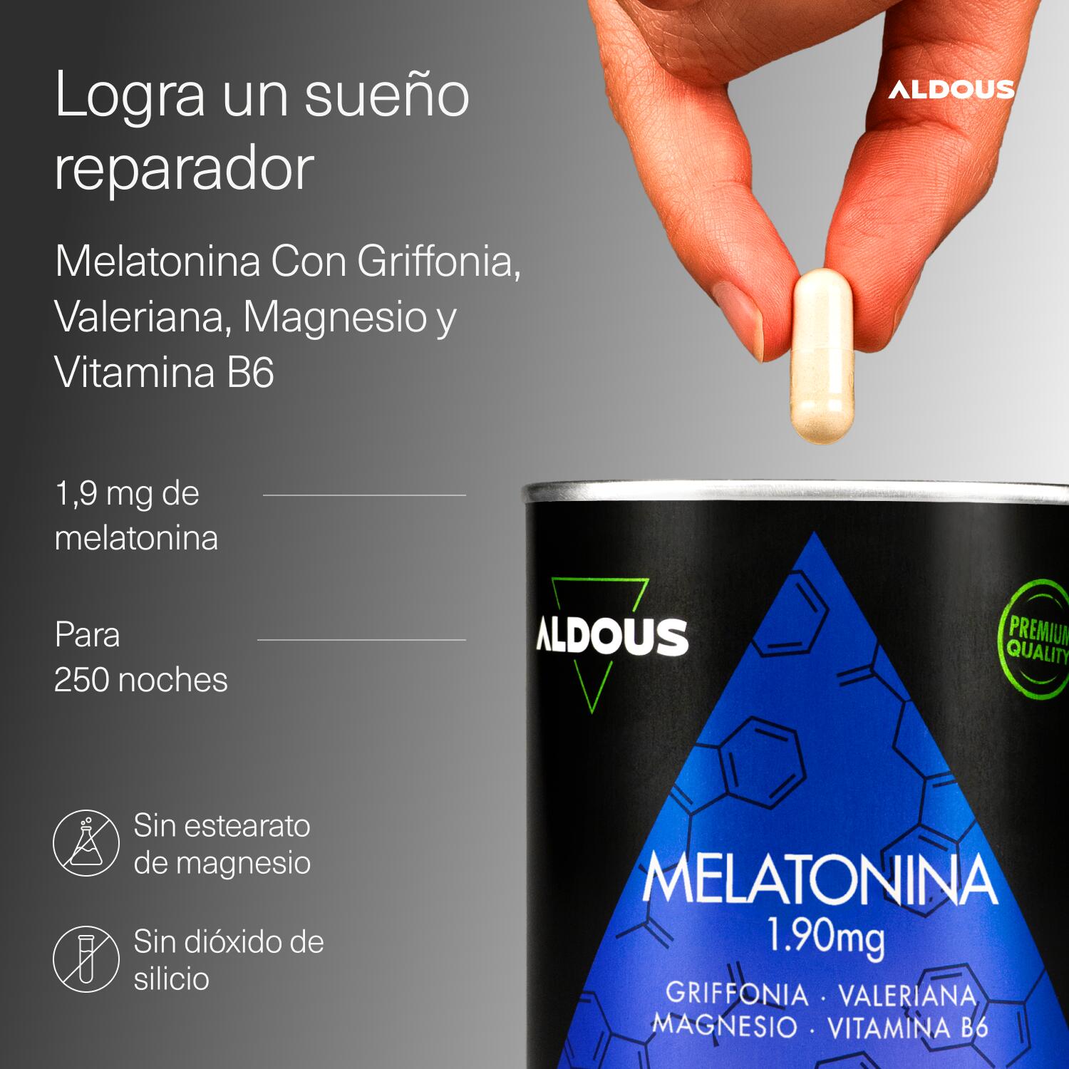 Melatonina con Magnesio, Griffonia, Valeriana y B6 Aldous | 250 Cápsulas 2/7