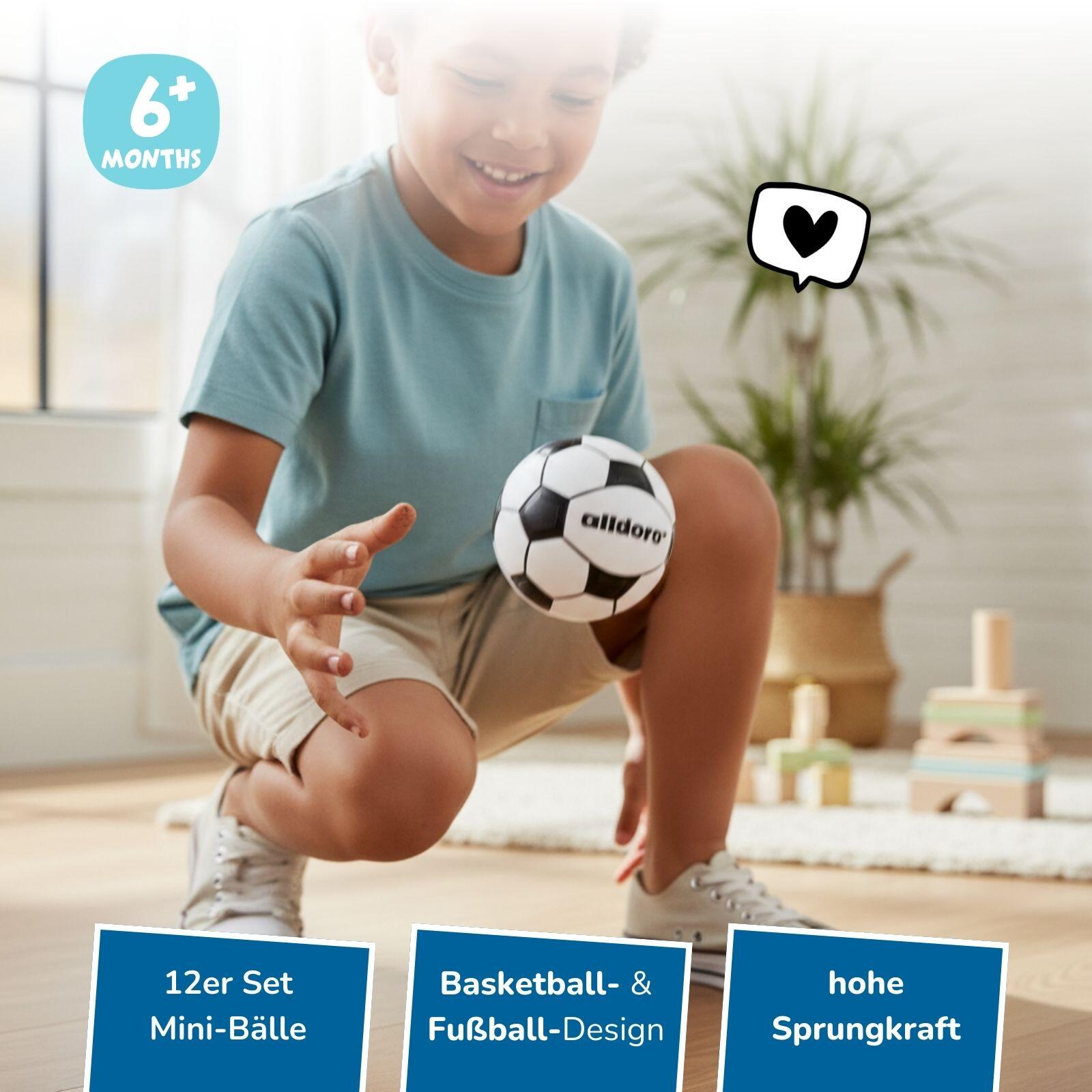 12 Mini Spielbälle Ø 6 cm, Basketball & Fußball als sprungstarke Wurfbälle 2/7