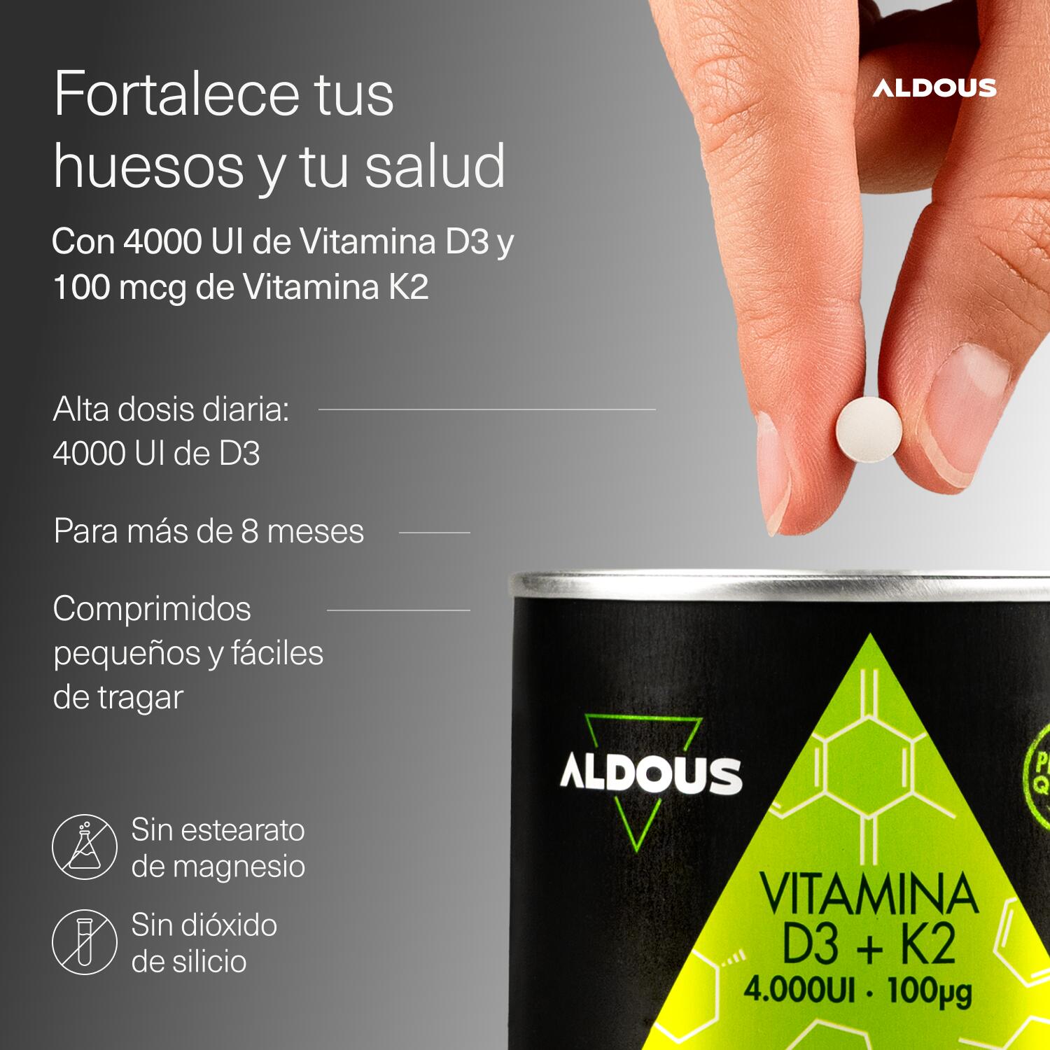 Vitamine D3 4000 UI + K2 Aldous | 250 comprimés 2/7