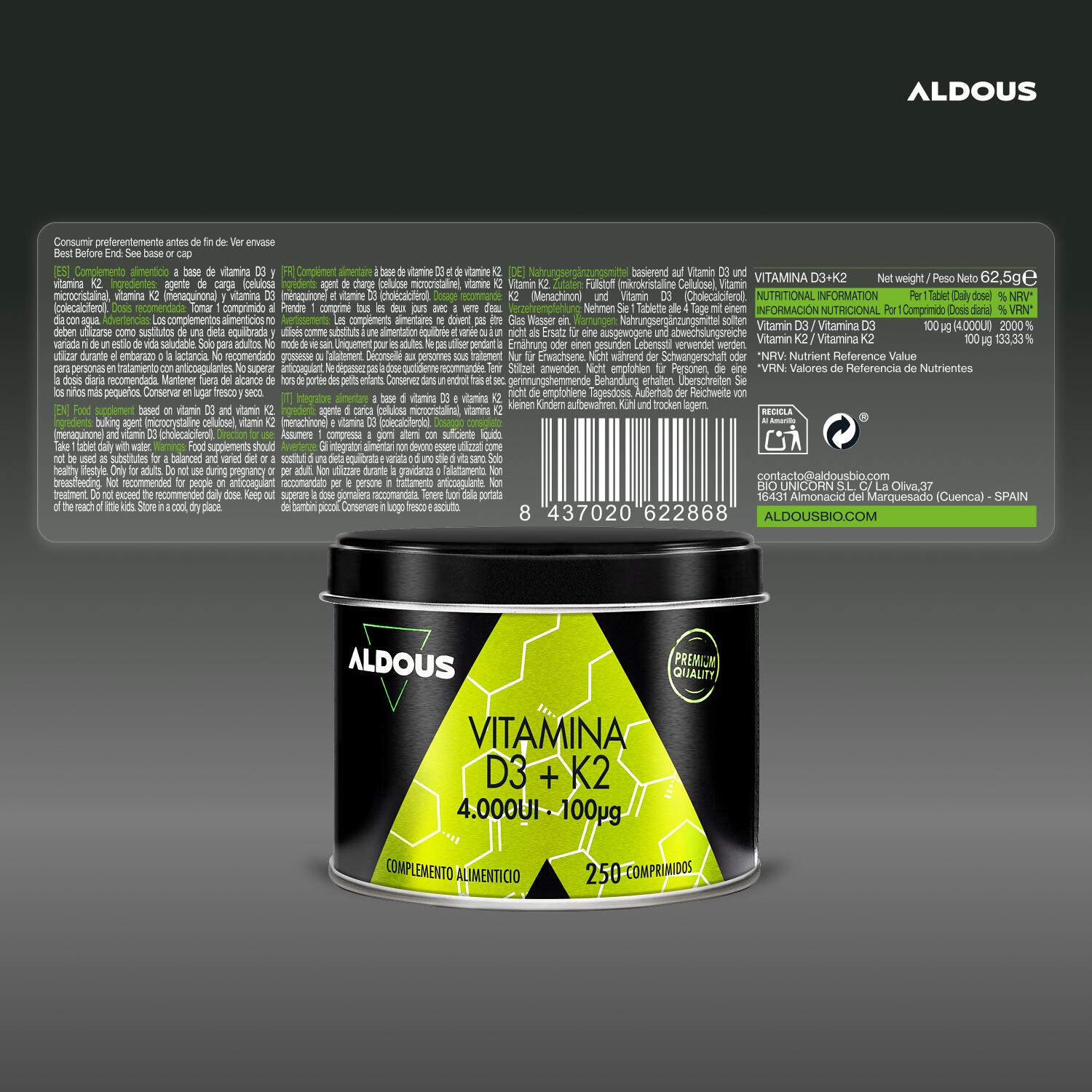 Vitamine D3 4000 UI + K2 Aldous | 250 comprimés 6/7