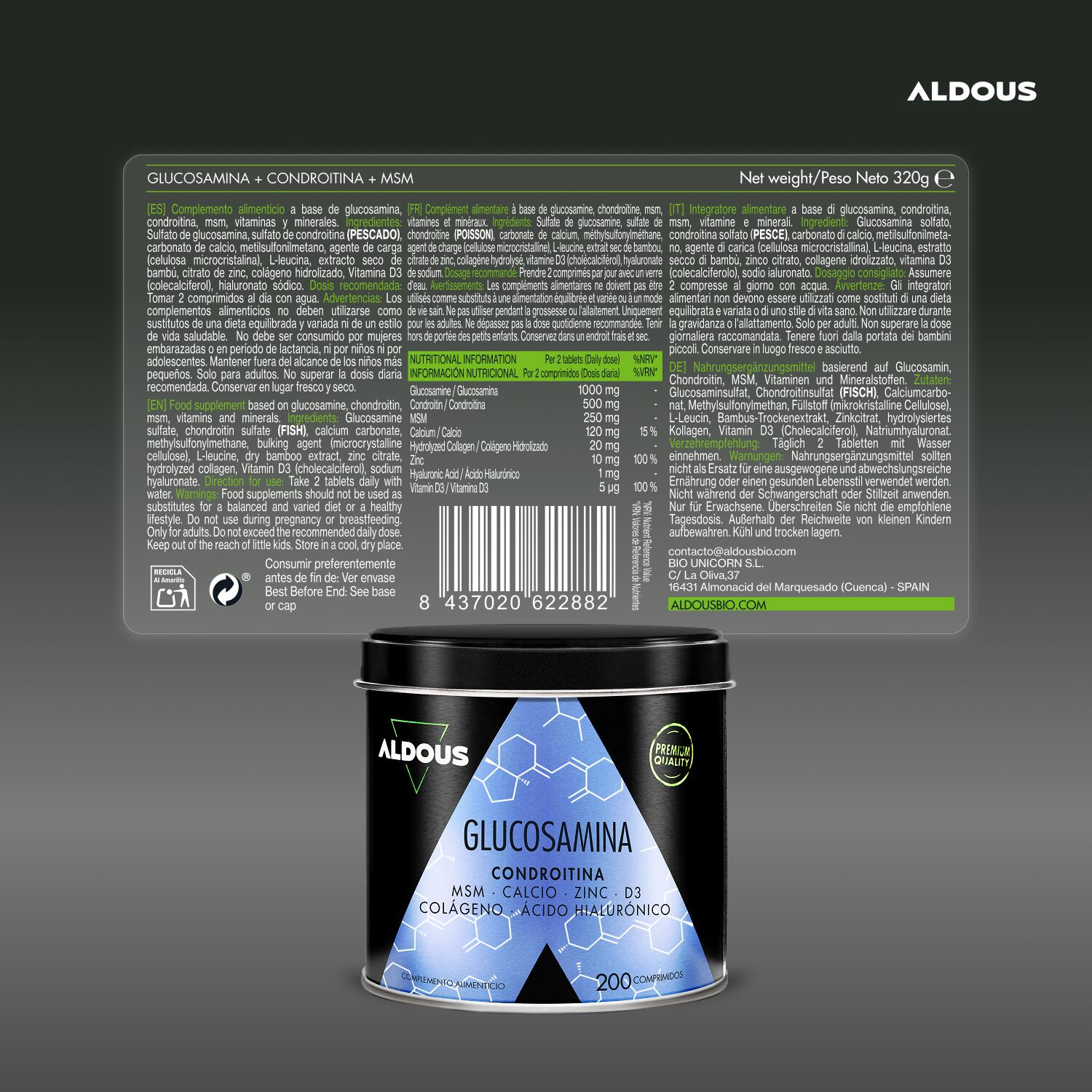 Glucosamine, Chondroïtine, MSM, Collagène | 200 comprimés | Aldous 6/7