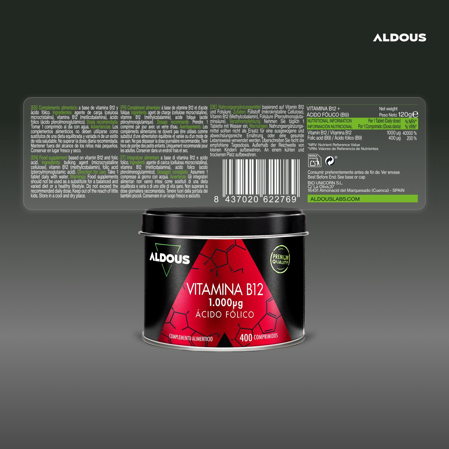 Vitamina B12 con Ácido Fólico Aldous   400 comprimidos 6/7