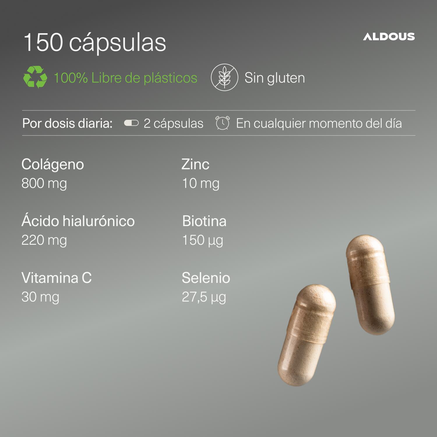 Colágeno, Ácido hialurónico, Vitamina C, Biotina, Zinc, Selenio |150 cápsulas 3/7