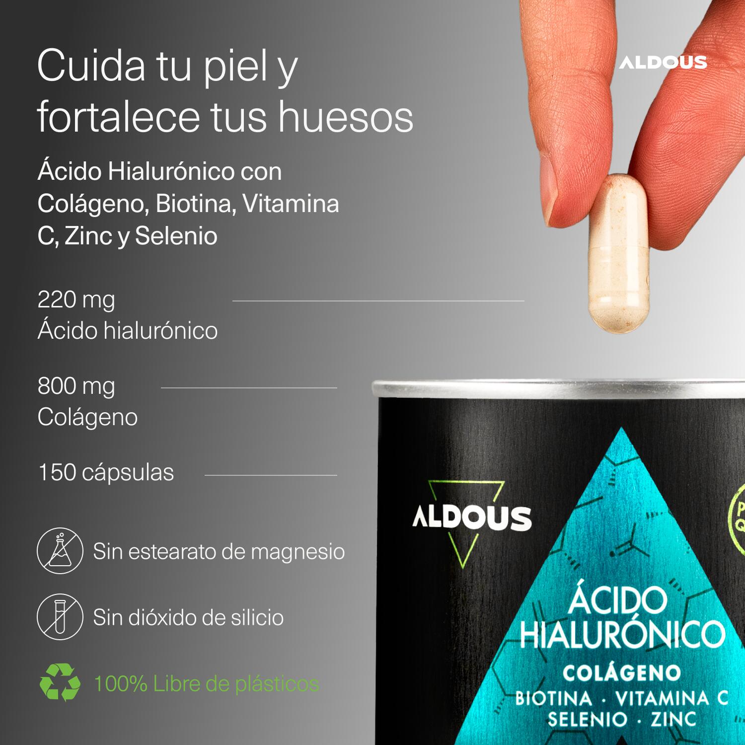 Colágeno, Ácido hialurónico, Vitamina C, Biotina, Zinc, Selenio |150 cápsulas 2/7