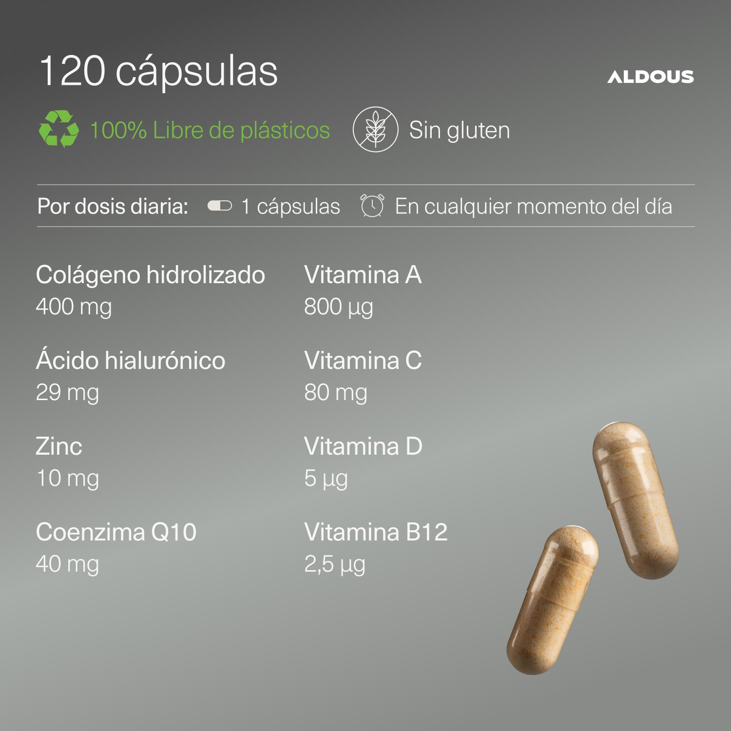 Colágeno Hidrolizado con Ácido Hialurónico Aldous | 120 Cápsulas 3/7