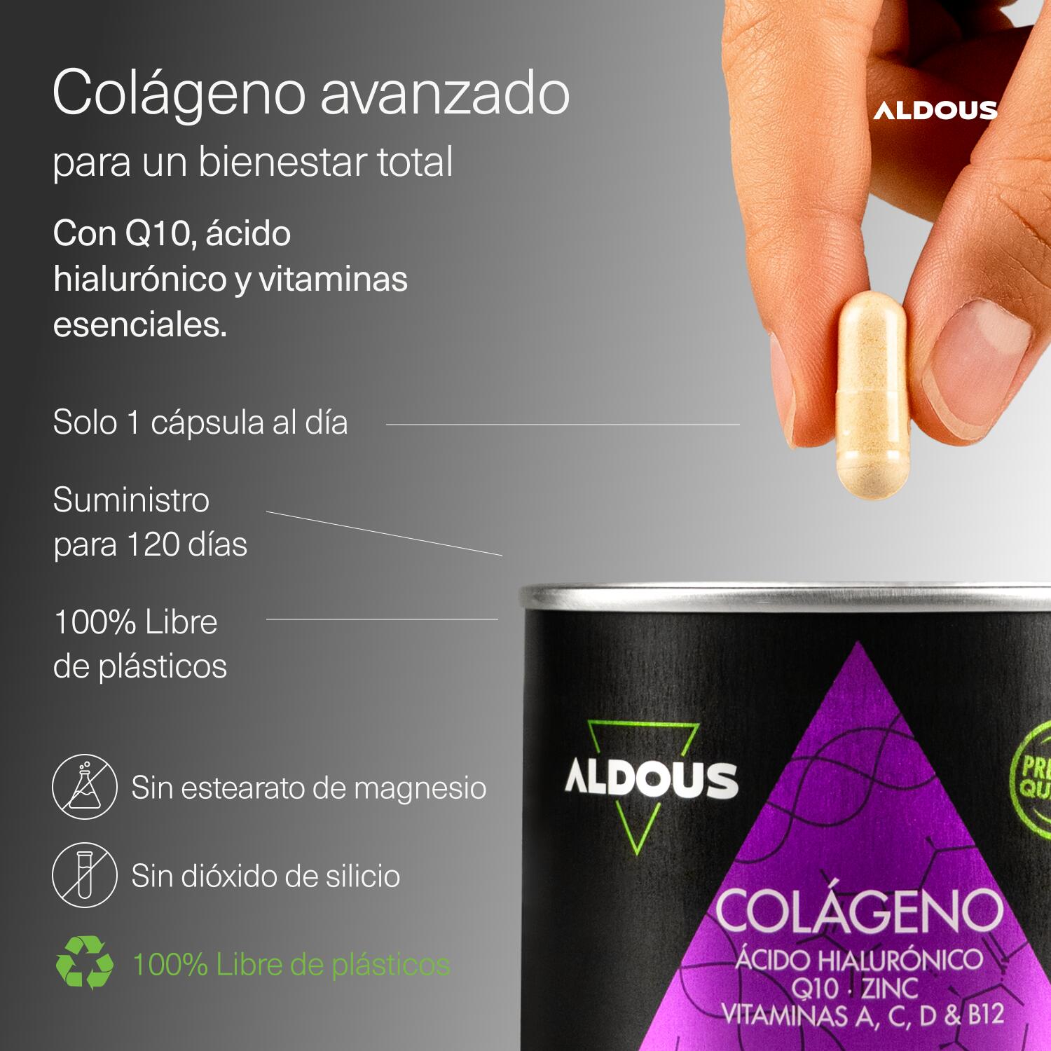 Colágeno Hidrolizado con Ácido Hialurónico Aldous | 120 Cápsulas 2/7