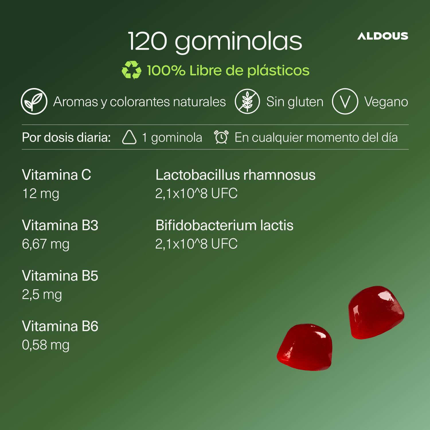 Probióticos + Vitaminas niños gominolas Aldous 120 gummies sabor a cereza 3/7