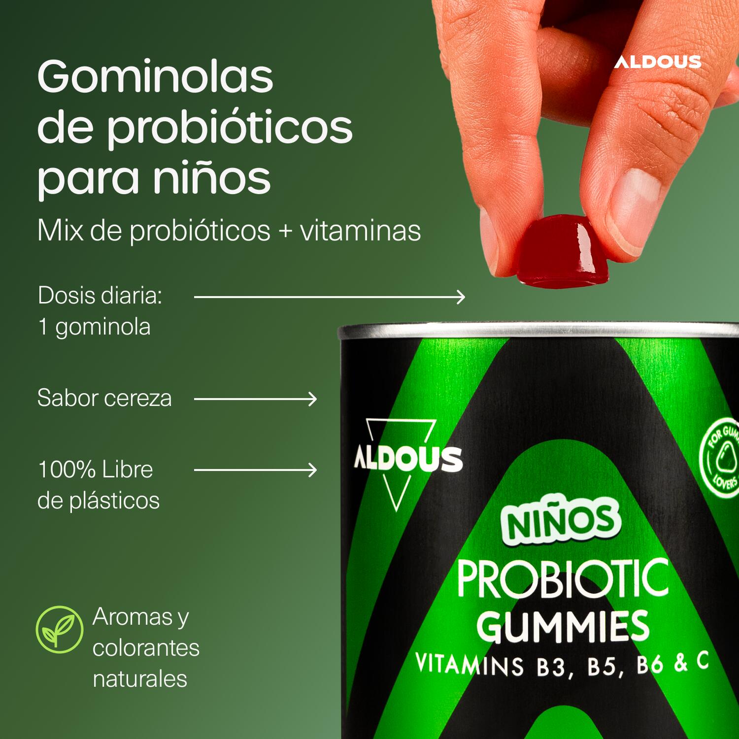 Probióticos + Vitaminas niños gominolas Aldous 120 gummies sabor a cereza 2/7