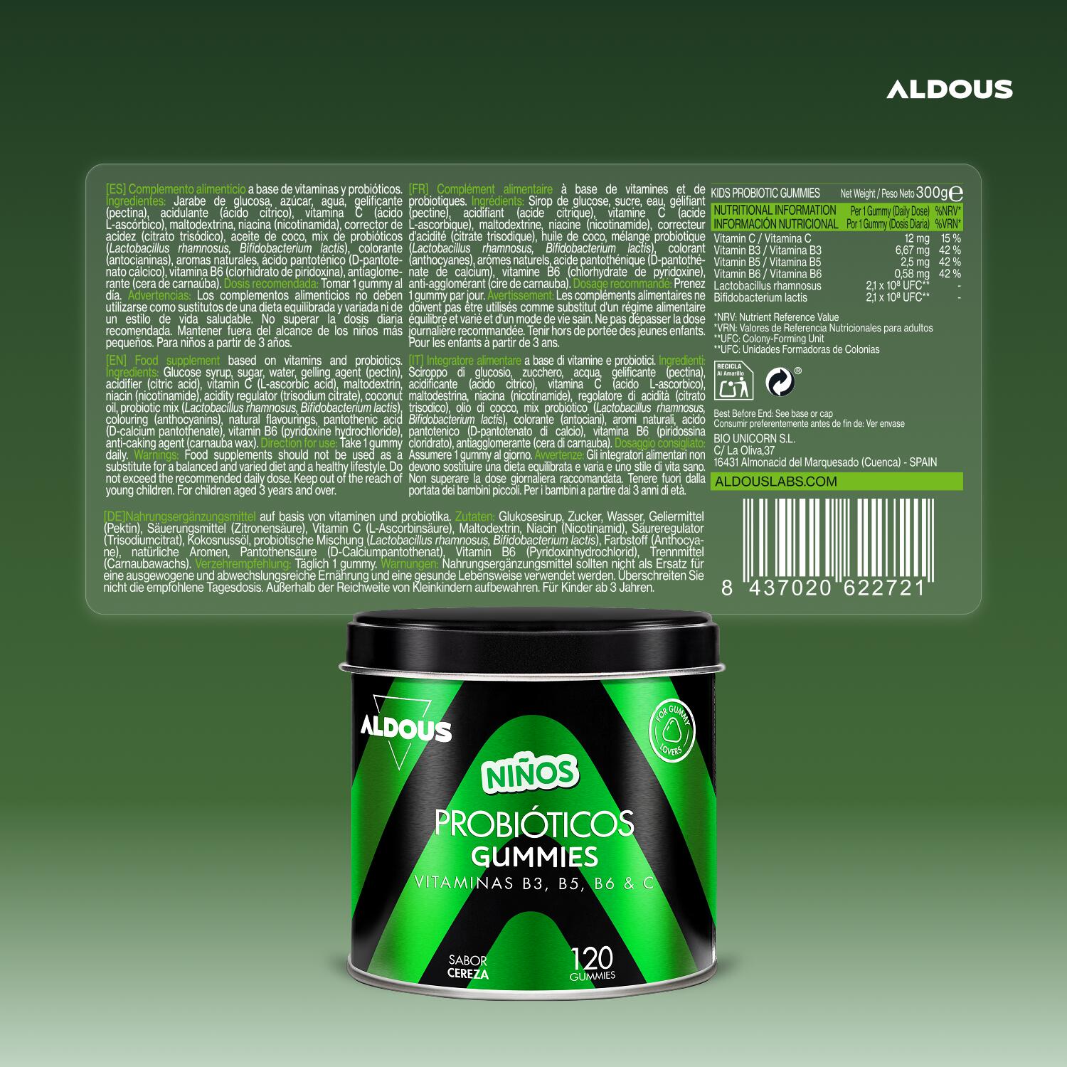 Probióticos + Vitaminas niños gominolas Aldous 120 gummies sabor a cereza 6/7