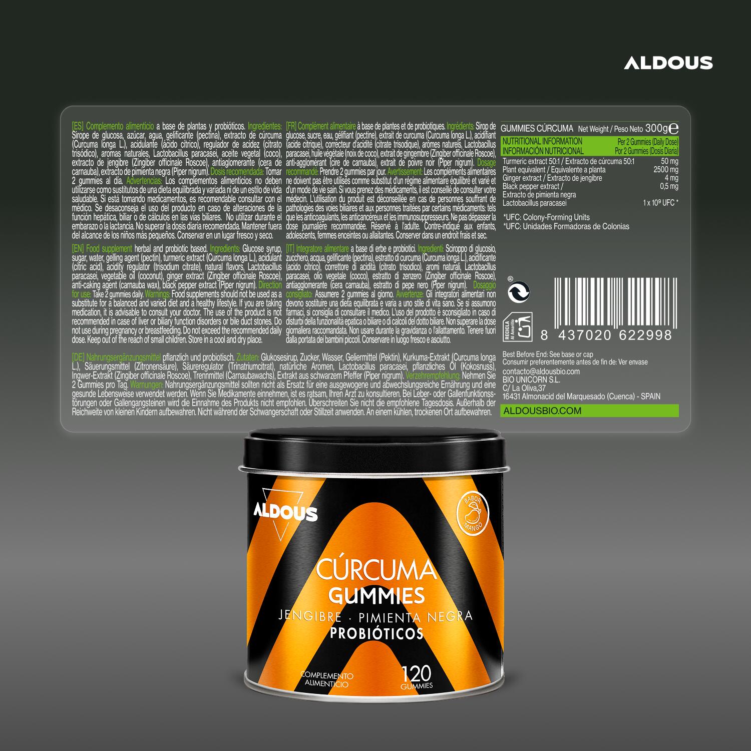 Cúrcuma con Jengibre y Pimienta Negra + PROBIÓTICOS - 2500 mg - 120 Gominolas 6/7