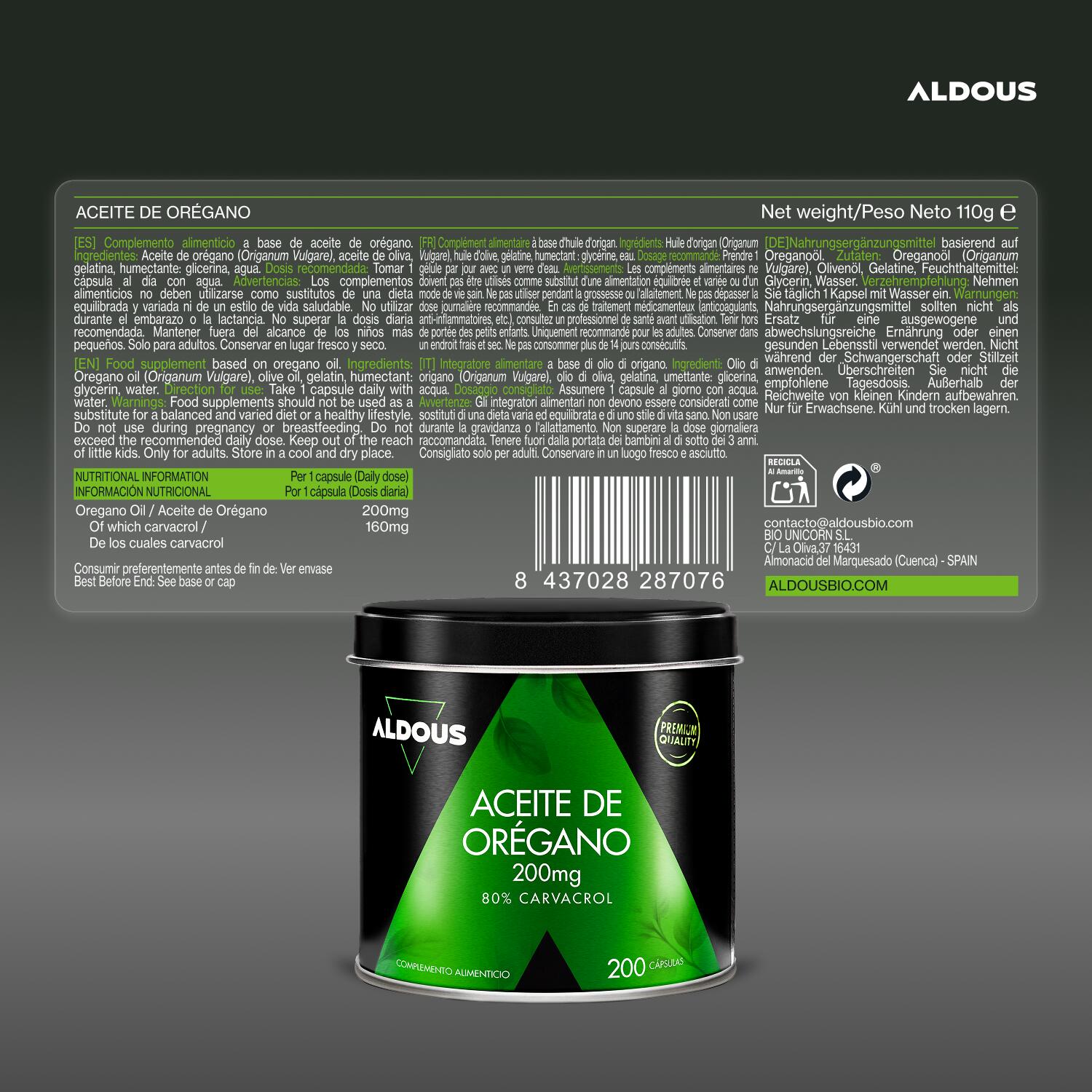 Olio di origano 200 mg - 160 mg di carvacrolo - 200 capsule 6/7