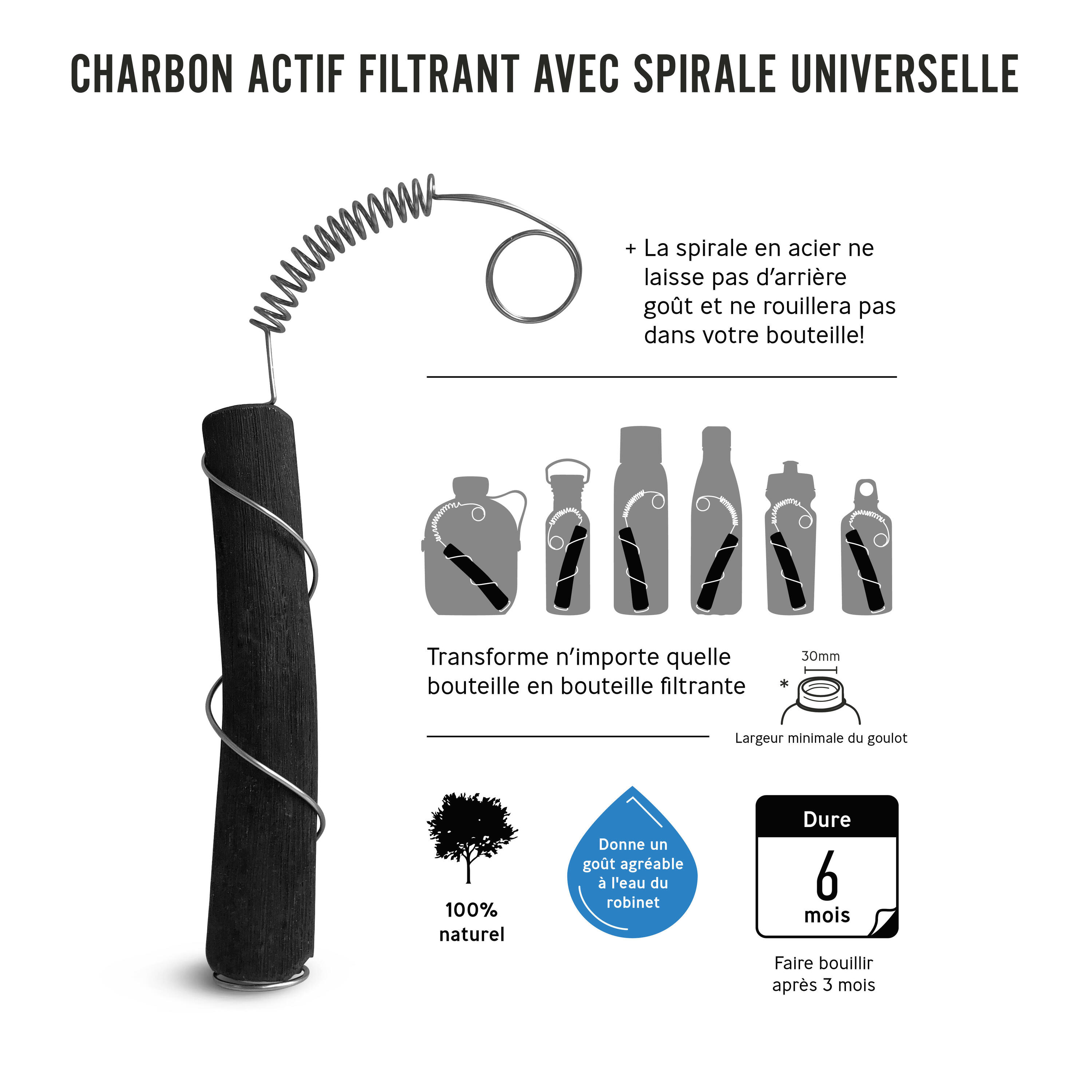 Charbon Actif Binchotan avec spirale universelle en Inox 3/6