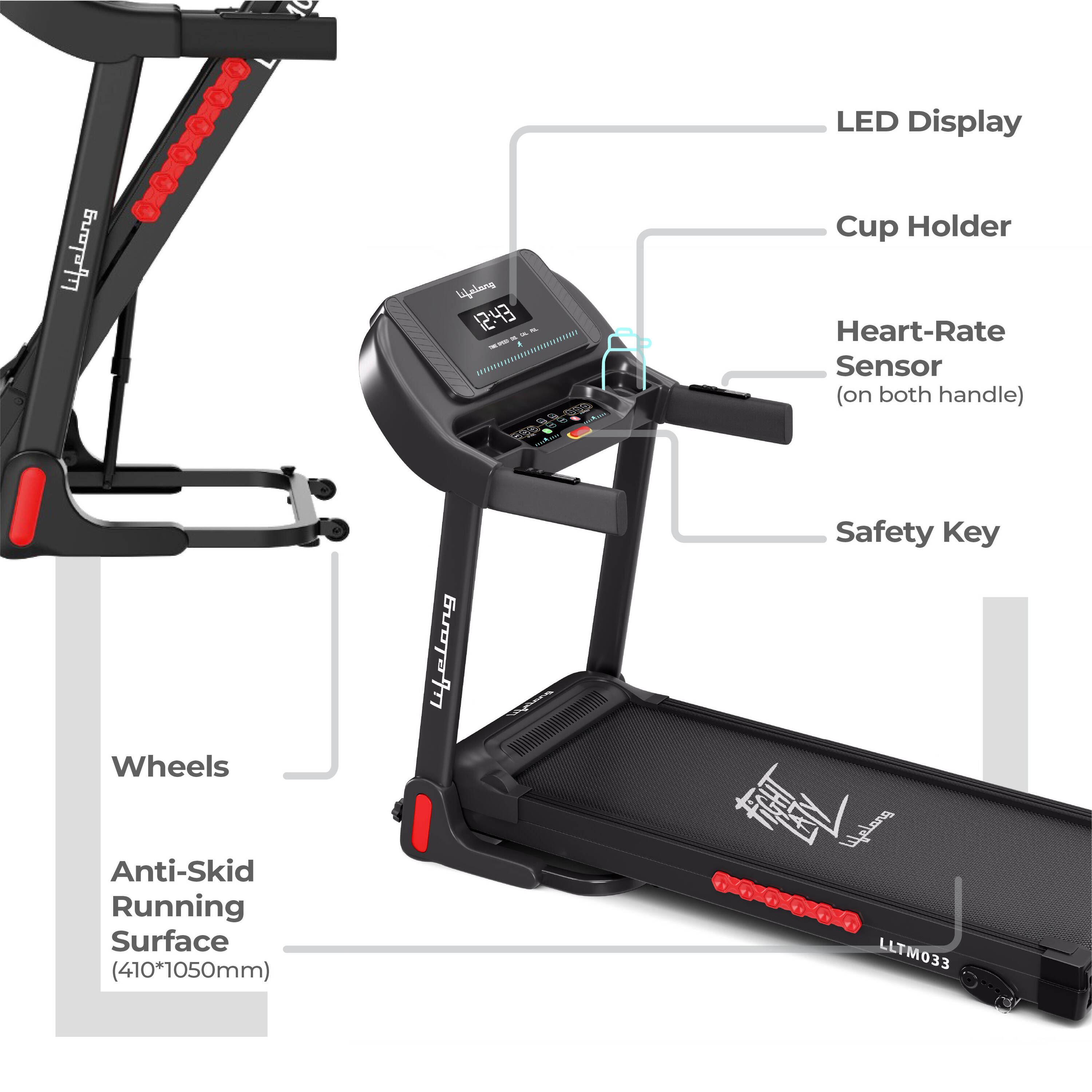 Lifelong FitPro Treadmill for Home | 4HP Peak, 14 km/h | 4-Level Incline | Hydraulic Folding | Rubberies Shock Absorption | Anti-Skid Belt | Dual LED + HR Monitor | Bluetooth | 12 Preset Workouts -  5