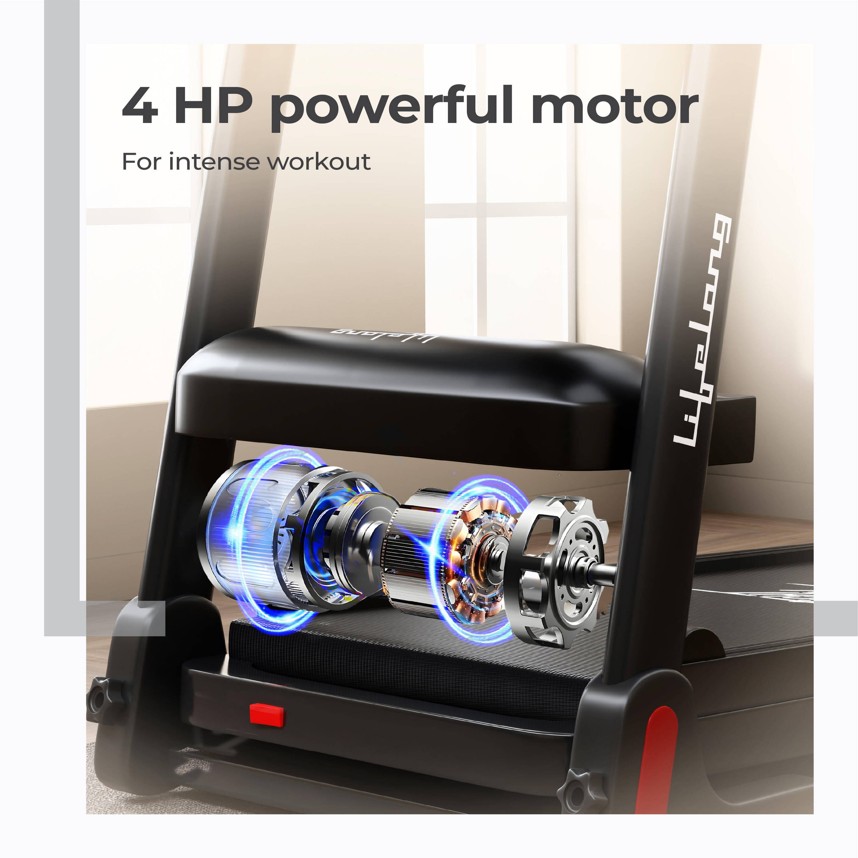 Lifelong FitPro Treadmill for Home | 4HP Peak, 14 km/h | 4-Level Incline | Hydraulic Folding | Rubberies Shock Absorption | Anti-Skid Belt | Dual LED + HR Monitor | Bluetooth | 12 Preset Workouts -  4