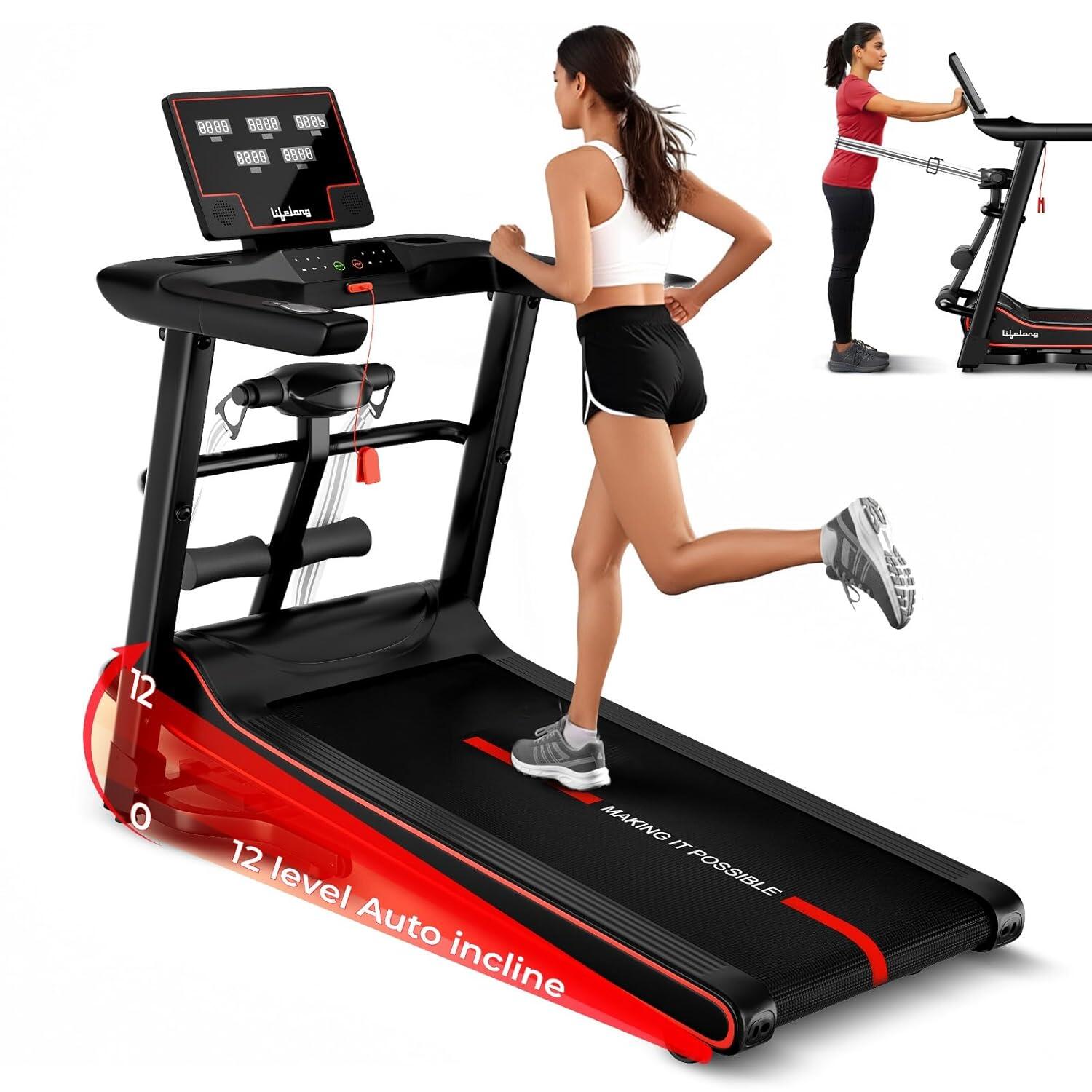 Lifelong FitPro Treadmill | 5HP Brushless Motor | 12 Level Auto Incline with Massager | Max Speed 14 km/hr |Bluetooth | FitShow App| Hydraulic Fold | LED Display with Pulse Sensors| Max Weight 120 kg-image-11