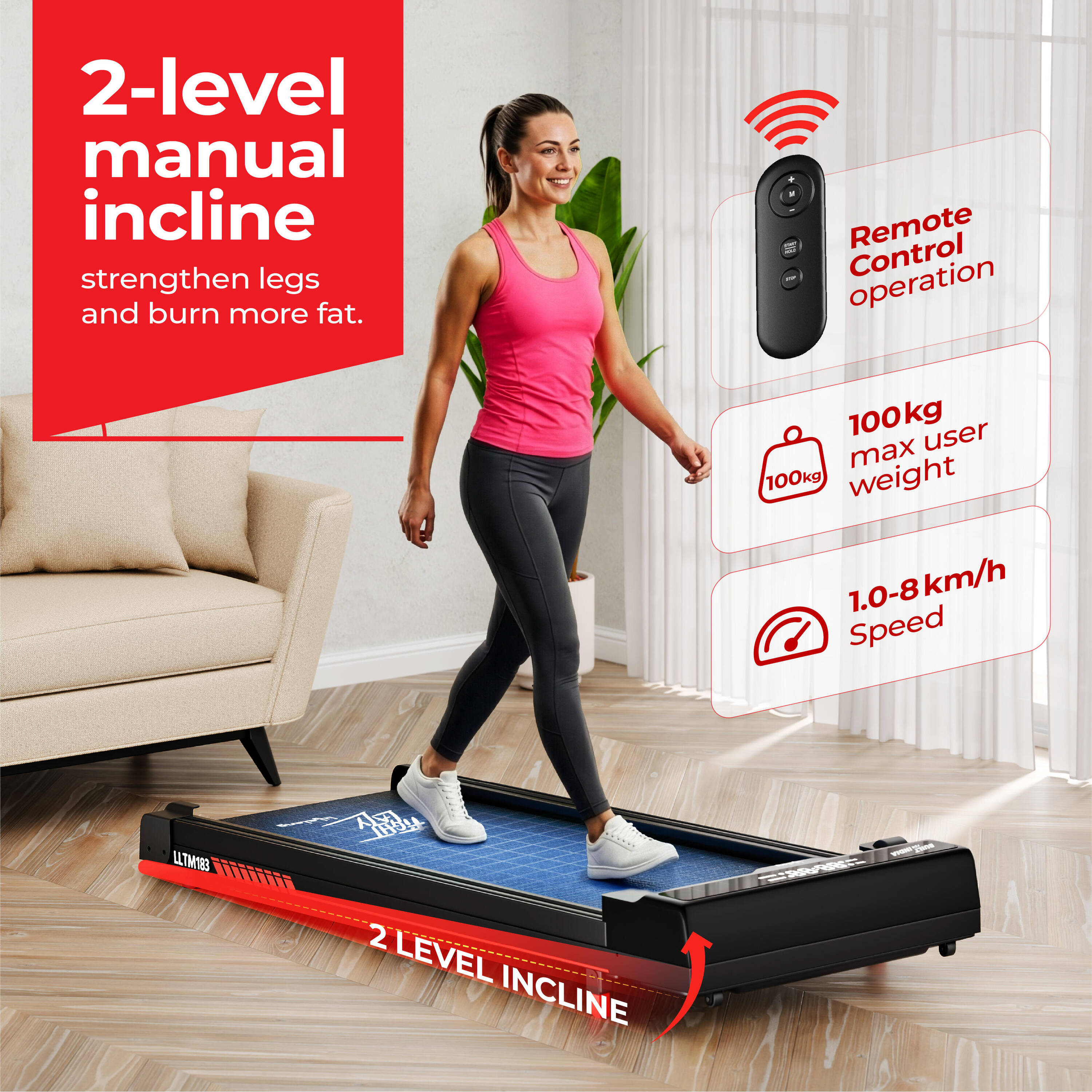 Lifelong Walking Pad Treadmill | 3 HP Brushless Motor | 2-Level Manual Incline | LED Display | Foldable Design | Remote Control | 110 Kg Capacity | 8 Km/h Speed | Home Fitness Walking Machine LLTM183 -  3
