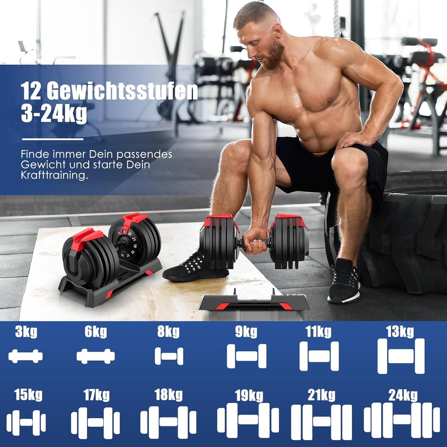 DH FitLife Verstellbare Hantel 3 bis 24 kg mit 12 Gewichtsstufen 3/6