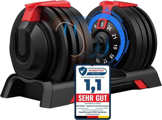 DH FitLife Verstellbare Hantel 3 bis 24 kg mit 12 Gewichtsstufen