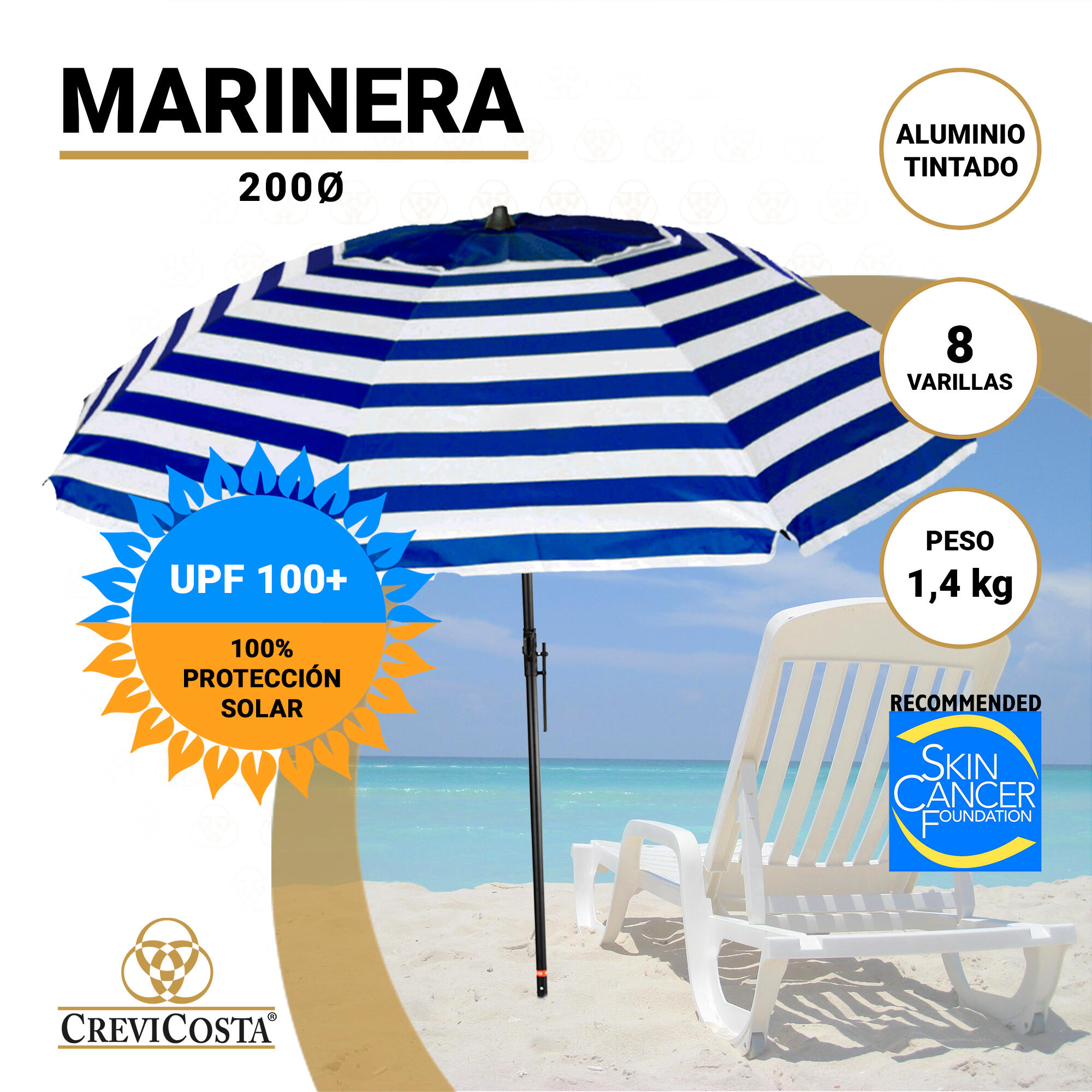 Sombrilla Playa 200 cm/8 Varillas - CREVICOSTA Marinera 2/7