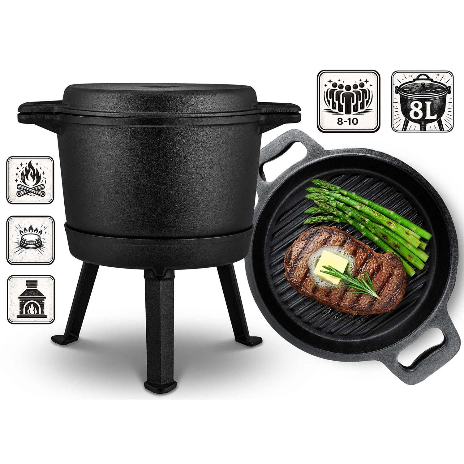 Kociołek żeliwny demontowany 8L Berdsen BD-480 garnek + patelnia grill +przepisy 3/7