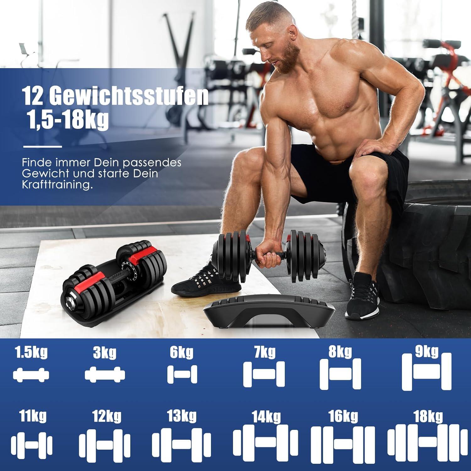 DH FitLife verstellbare Hanteln 1,5 bis 18 KG mit 12 Gewichtsstufen 2/6