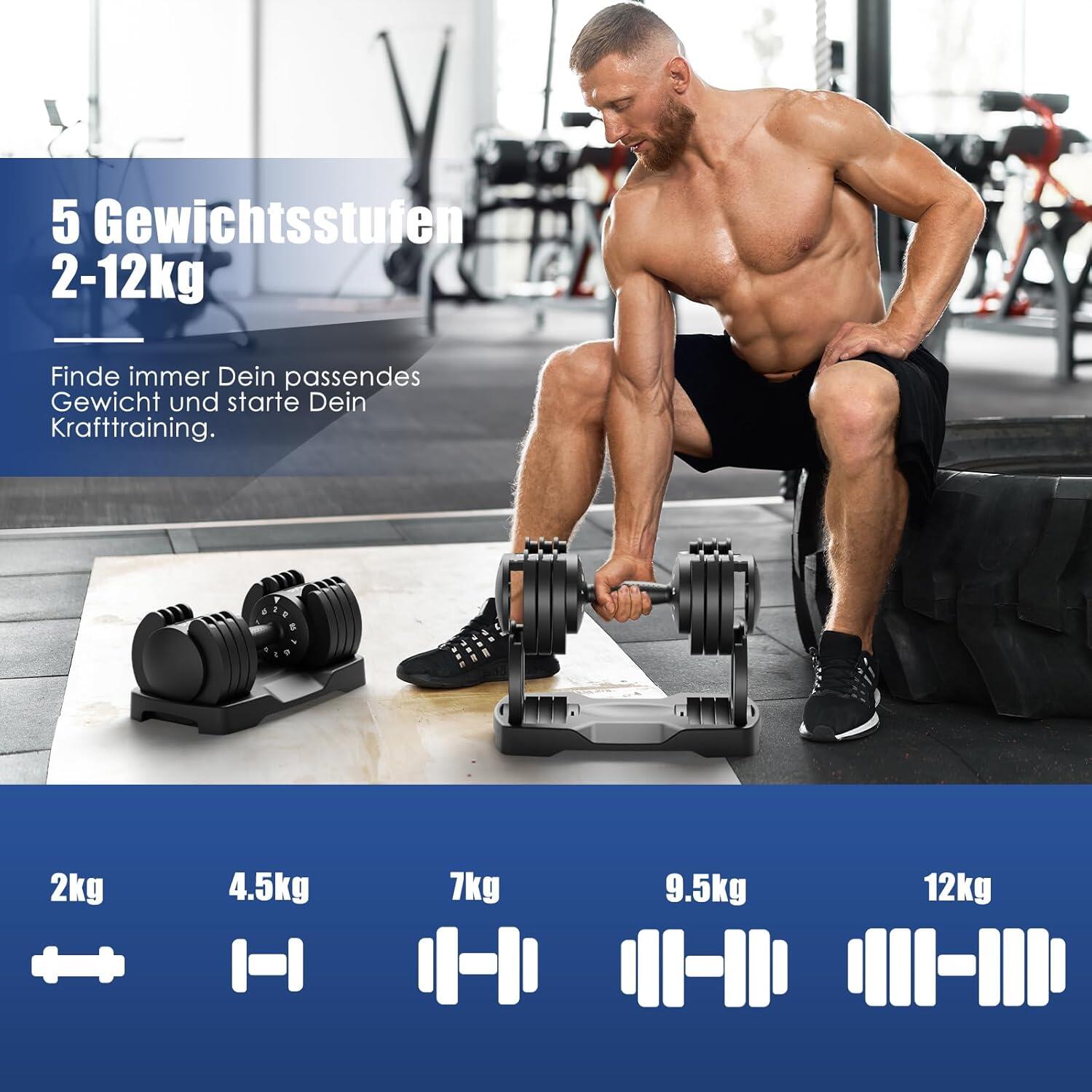 DH FitLife 12 kg verstellbare Kurzhanteln (2 bis 12 kg) mit 5 Gewichtsstufen 2/6
