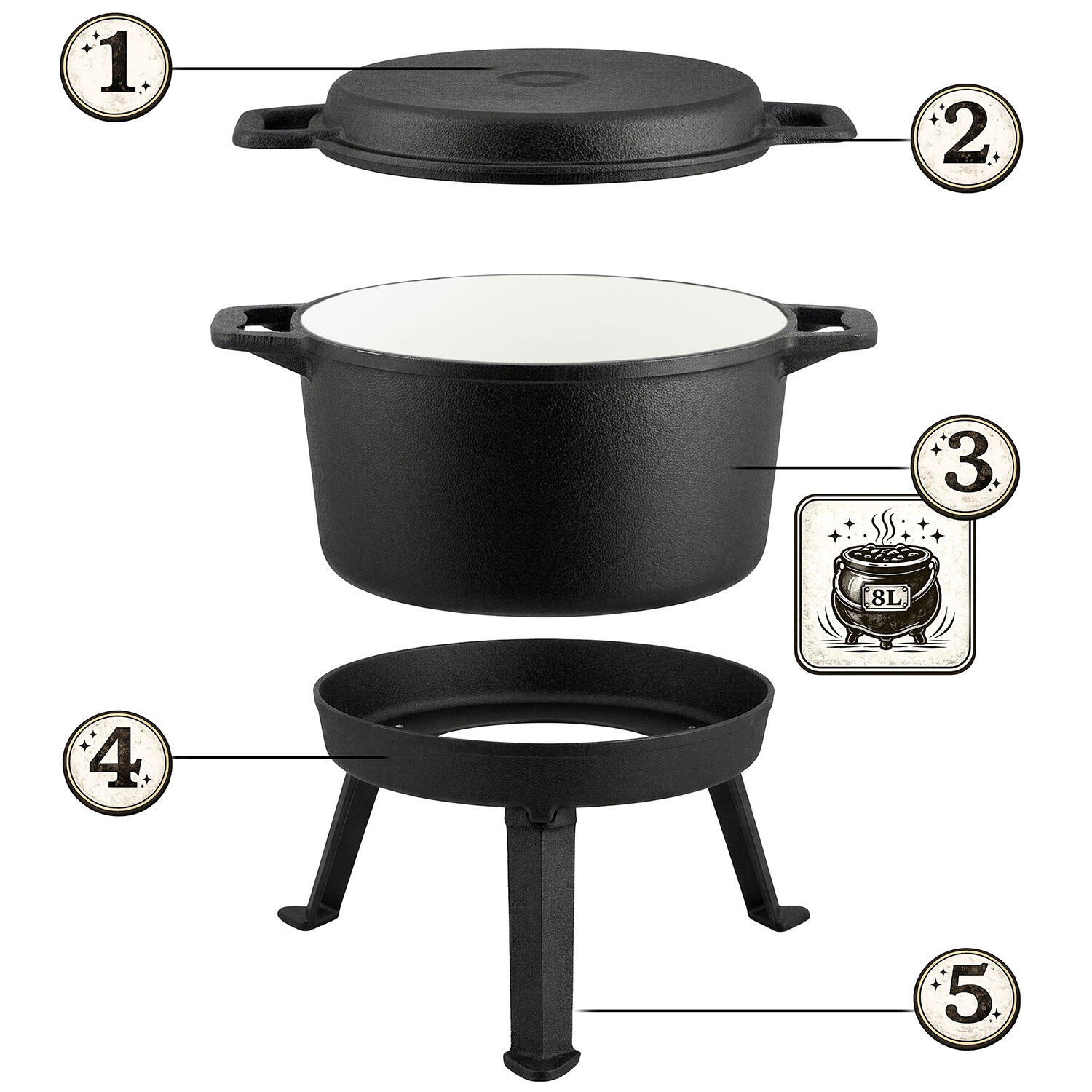 Kociołek żeliwny emaliowany Berdsen BD-480 garnek 8L stojący + patelnia grill 3/7