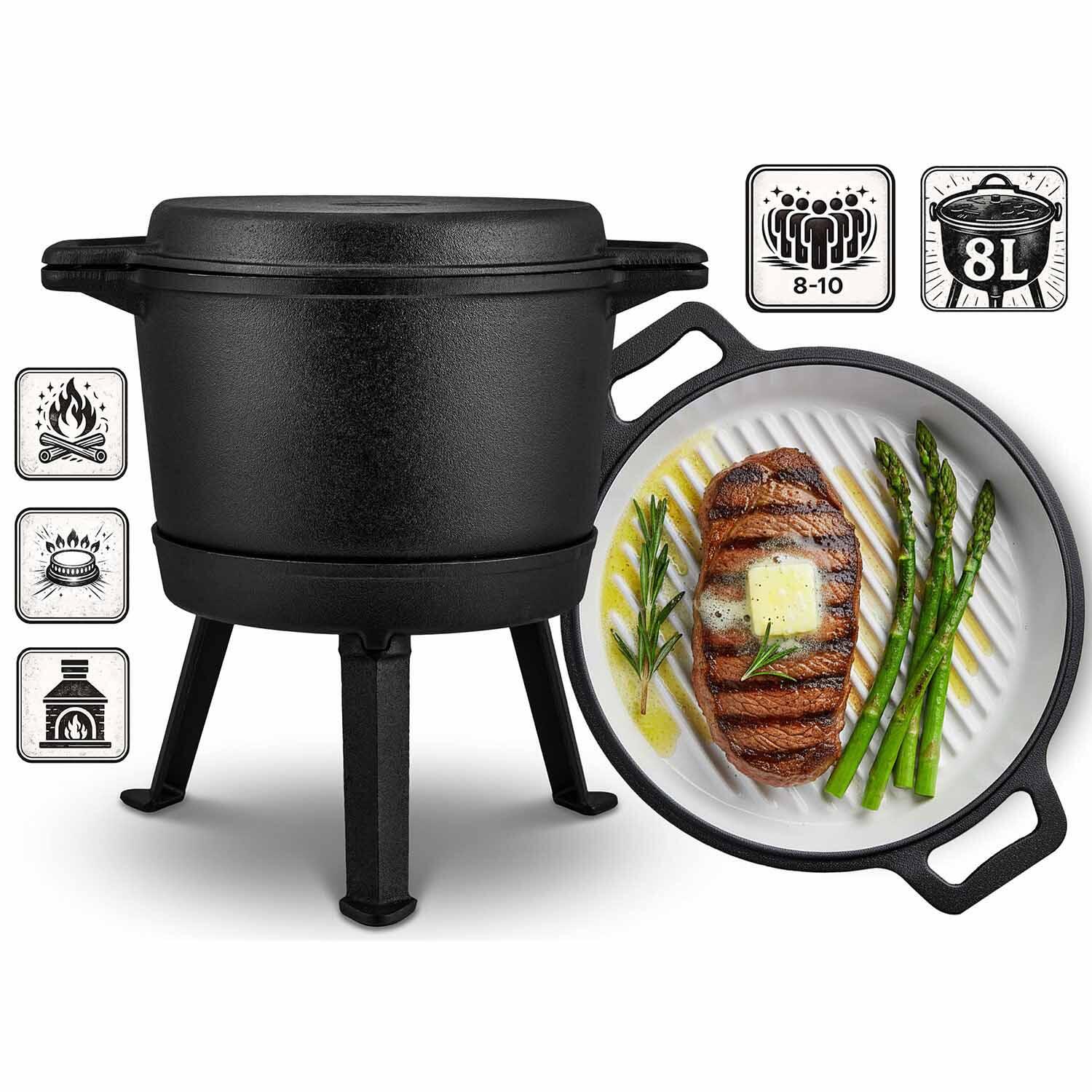 Kociołek żeliwny emaliowany Berdsen BD-480 garnek 8L stojący + patelnia grill 2/7