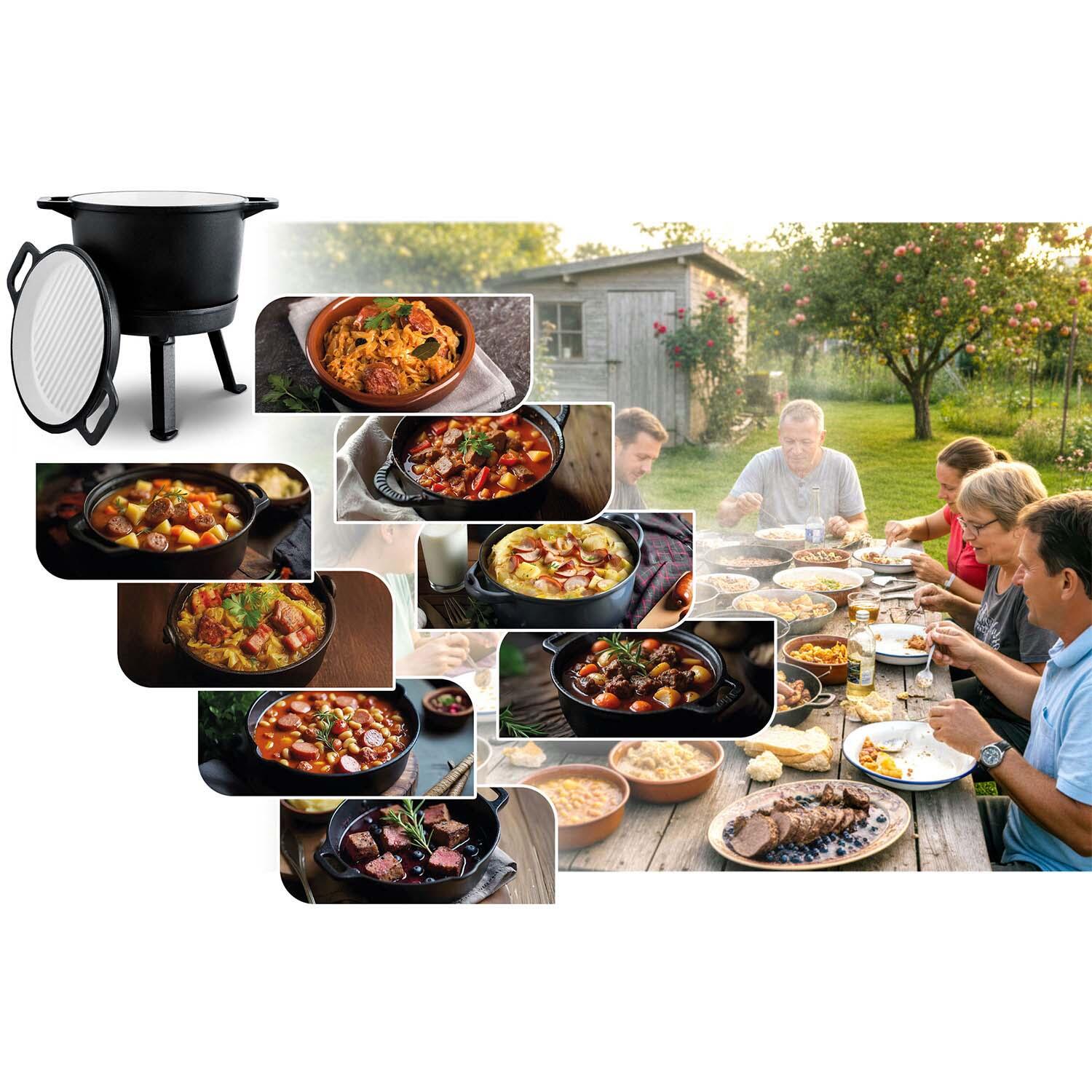 Kociołek żeliwny emaliowany Berdsen BD-480 garnek 8L stojący + patelnia grill 5/7
