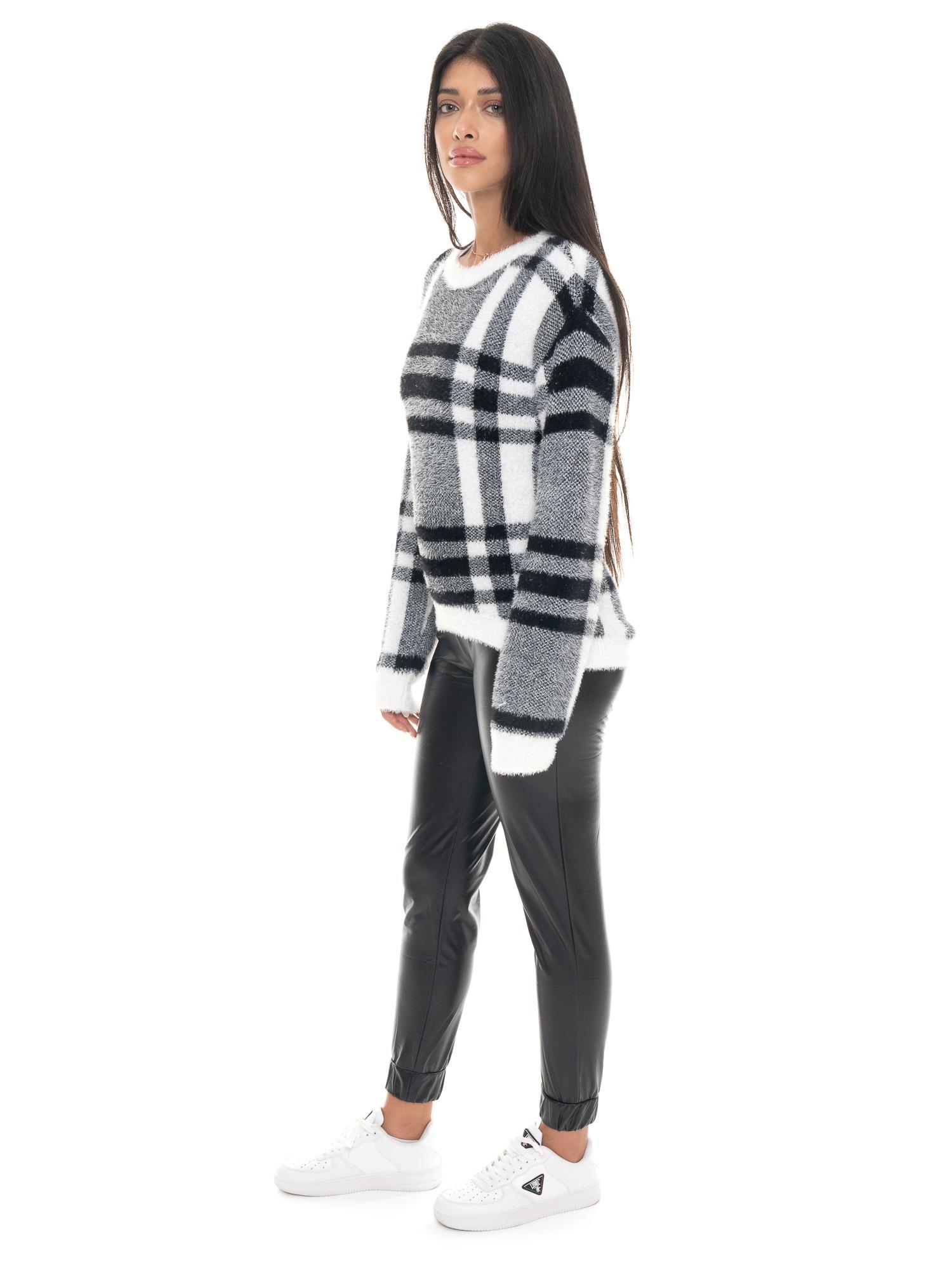 Leone 1947 Glam Winter damski sweter w kratkę z okrągłym dekoltem i metką z logo