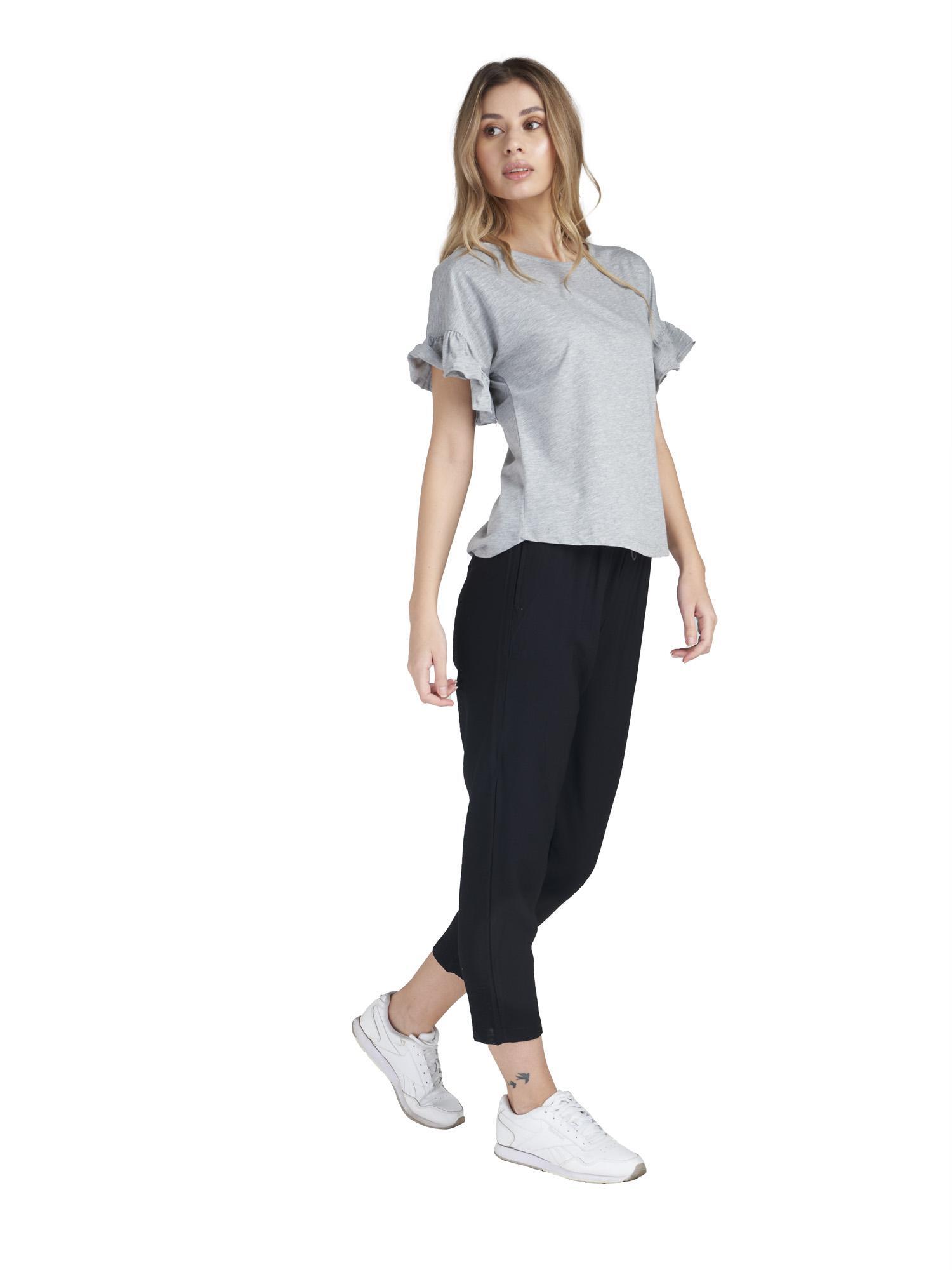 Camiseta de mujer brillante de manga corta con volantes 4/8